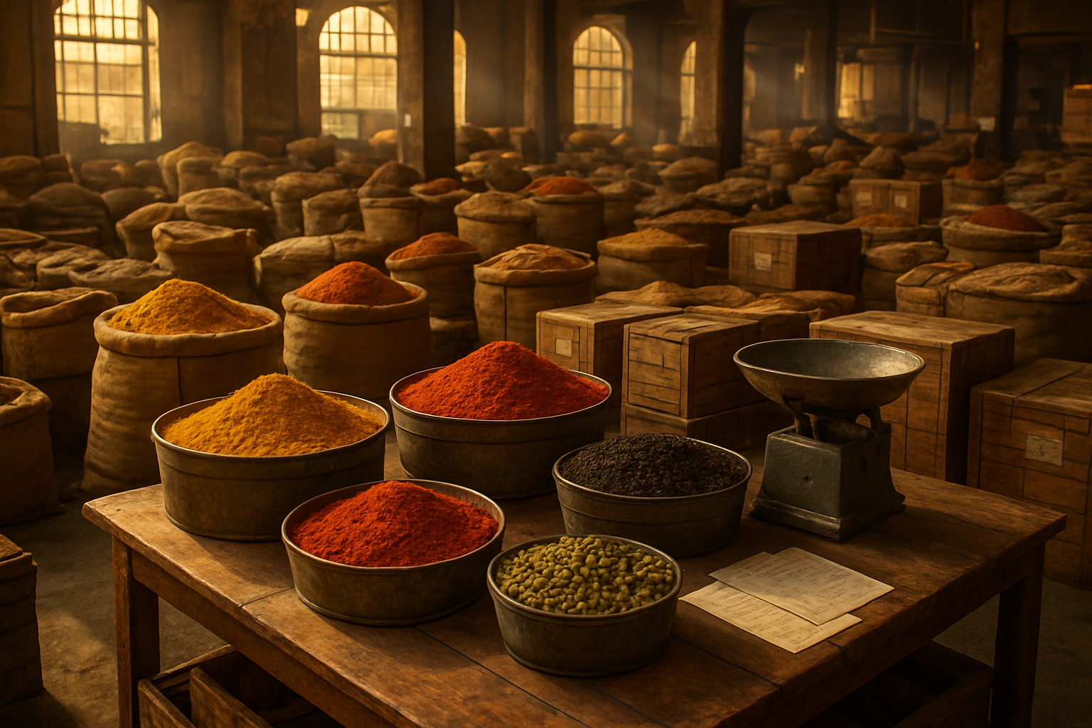 Create a realistic image of an expansive Indian spice market warehouse with large sacks and containers filled with colorful spices like turmeric, red chili powder, cardamom, and black pepper, featuring wooden crates with shipping labels, industrial weighing scales, and export documentation scattered on wooden tables, with warm golden lighting streaming through large windows, conveying a bustling commercial atmosphere of international trade, absolutely NO text should be in the scene.