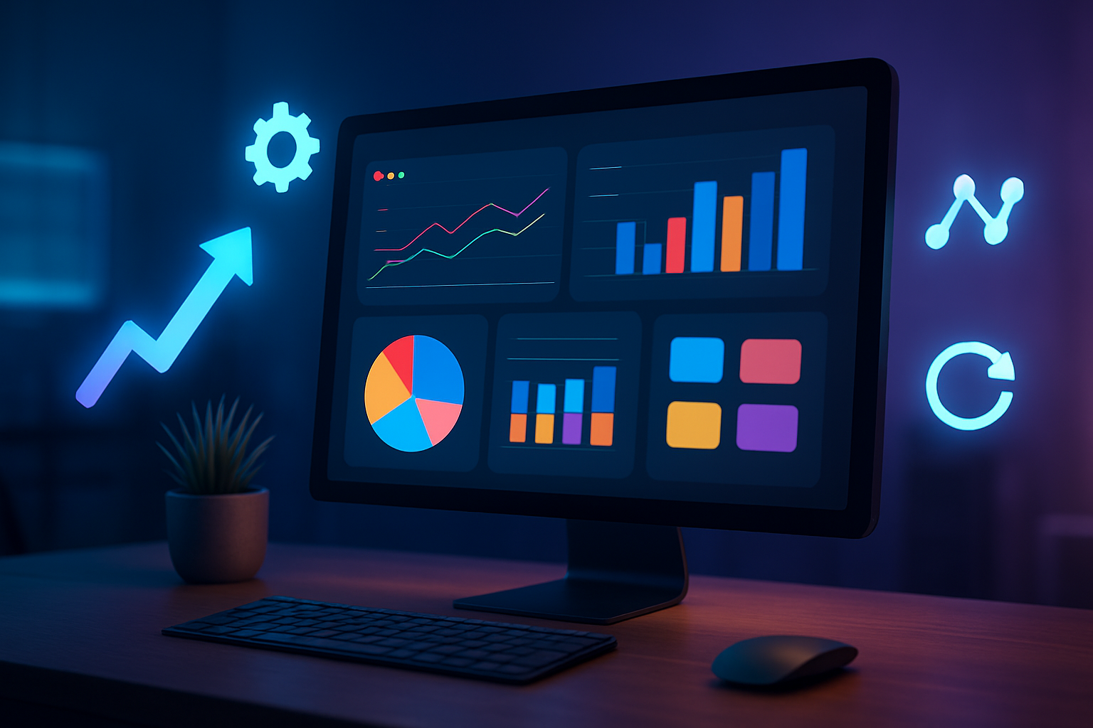 Create a realistic image of a sleek computer monitor displaying YouTube analytics dashboard with colorful graphs, charts, and performance metrics, surrounded by modern digital marketing elements like trending upward arrows, algorithm symbols, and optimization icons floating in a high-tech workspace environment with soft blue and purple ambient lighting creating a professional tech atmosphere. Absolutely NO text should be in the scene.