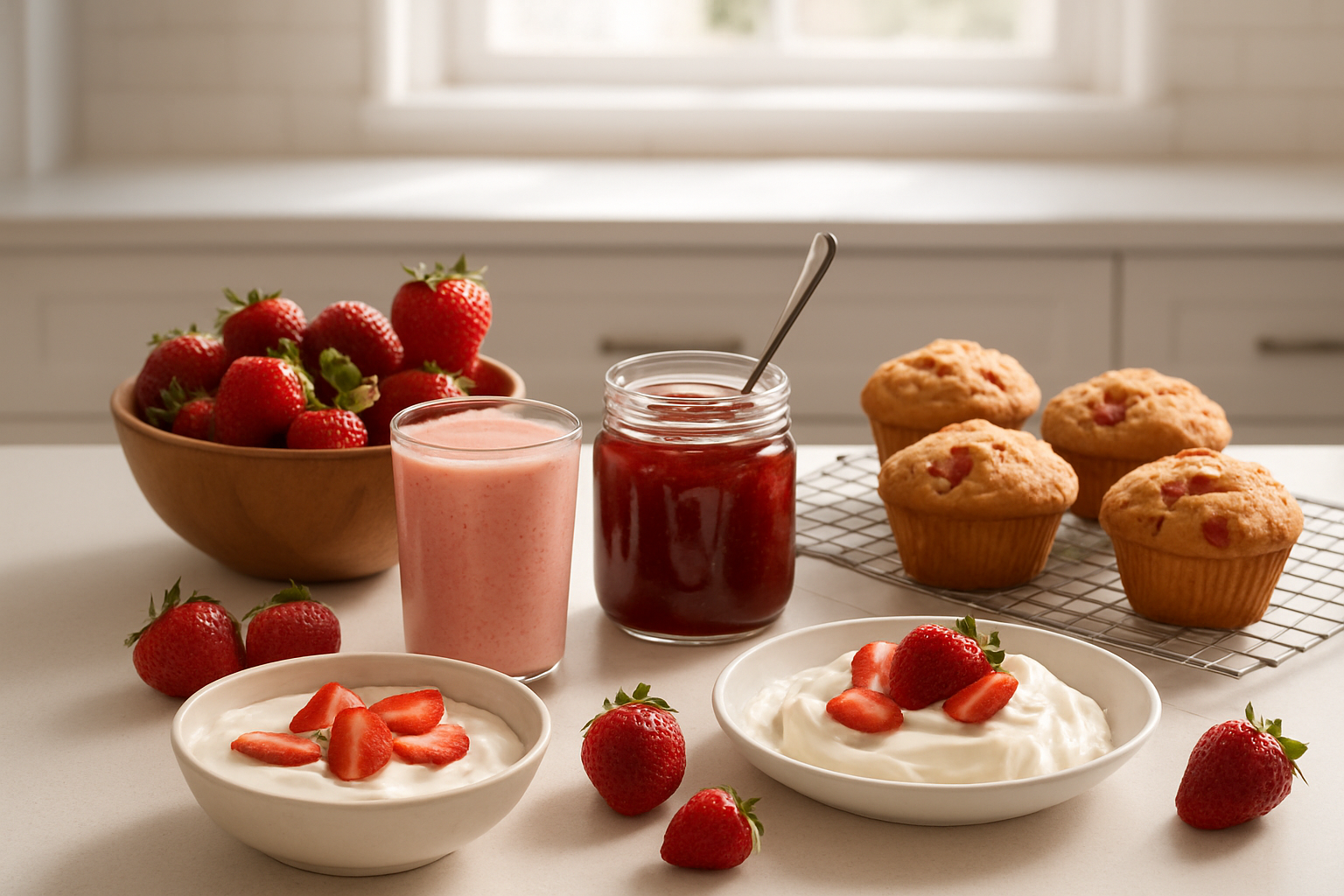 Create a realistic image of a bright kitchen counter displaying various strawberry applications including fresh strawberries in a wooden bowl, a glass of strawberry smoothie, strawberry jam in an open jar with a spoon, sliced strawberries on yogurt in a white bowl, strawberry muffins on a cooling rack, and a few strawberries being used as garnish on a dessert plate, with natural daylight streaming through a window creating soft shadows, warm and inviting atmosphere, clean modern kitchen background with white countertops, absolutely NO text should be in the scene.
