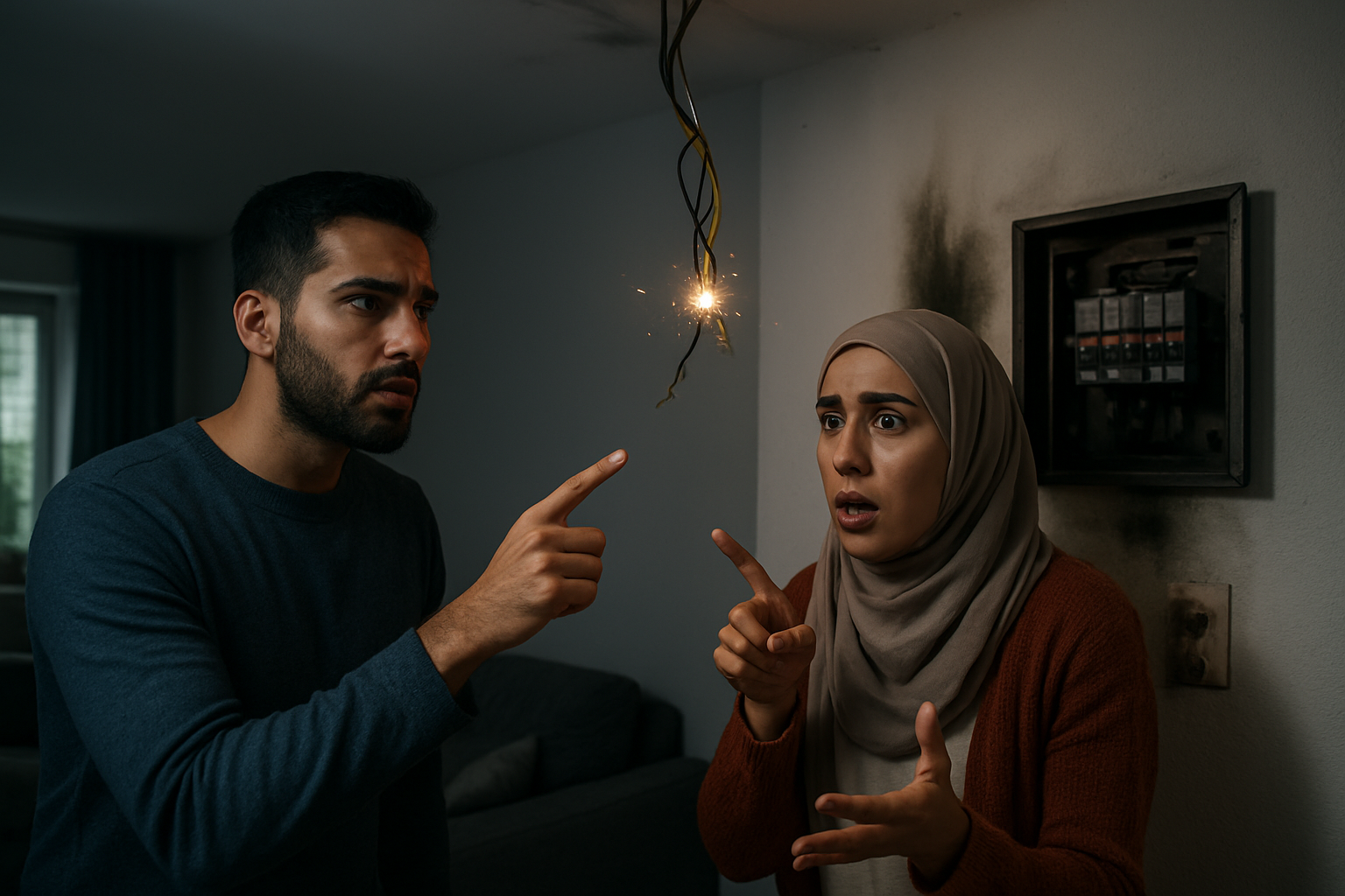Create a realistic image of exposed electrical wires hanging dangerously from an apartment ceiling with sparking connections, damaged electrical outlets with burn marks on a white wall, and faulty circuit breakers in an open electrical panel, set in a modern apartment living room with concerned Middle Eastern family members - a male adult and female adult - pointing at the hazardous electrical issues, dramatic lighting highlighting the electrical problems with shadows creating an atmosphere of concern and urgency, absolutely NO text should be in the scene.