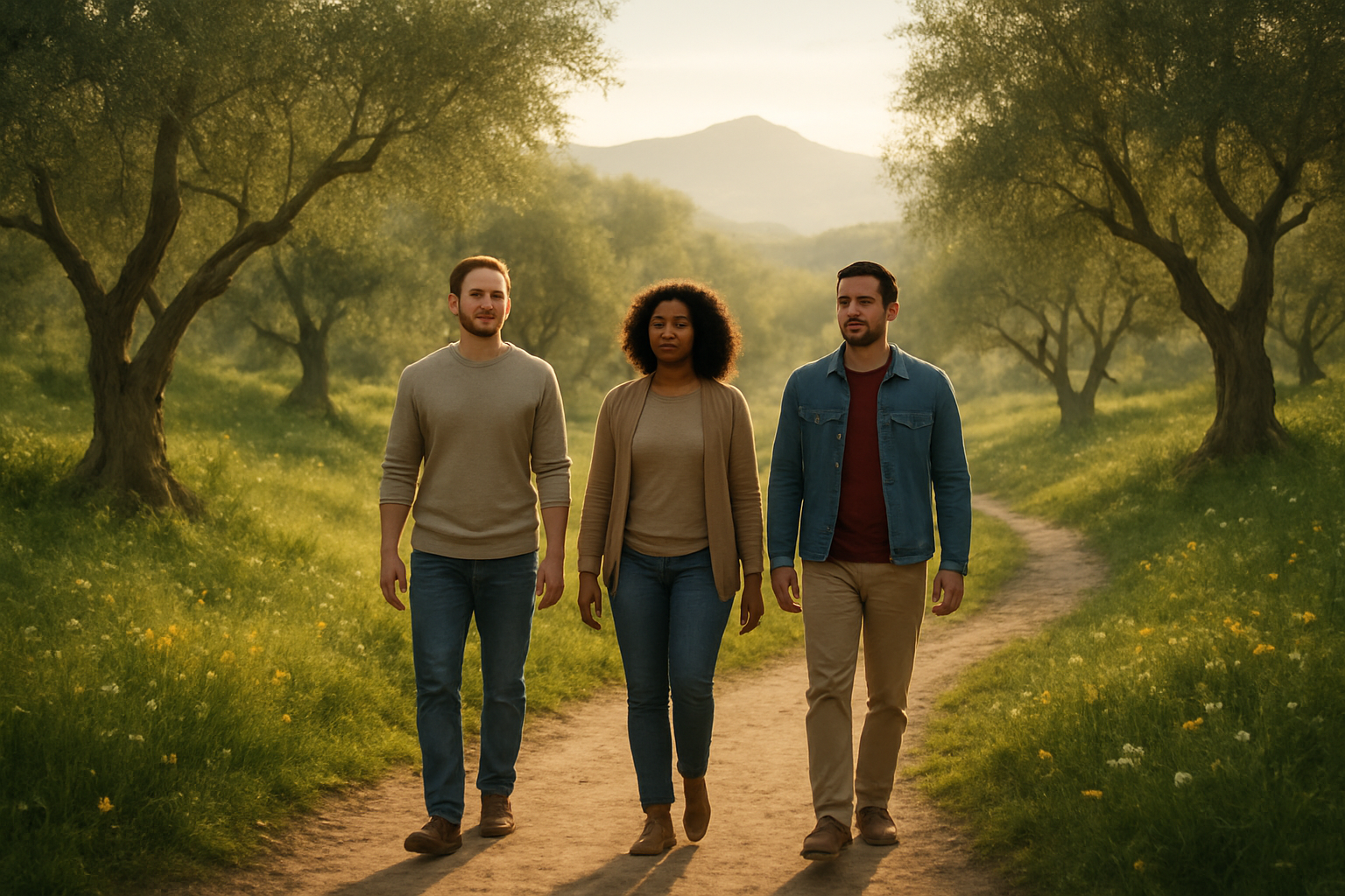Create a realistic image of a diverse group of people including a white male, black female, and Hispanic male walking together on a winding upward path through a lush green landscape with rolling hills, ancient olive trees lining the pathway, golden sunlight filtering through the branches creating dappled light on the ground, the path leading toward distant mountains bathed in warm morning light, wildflowers blooming along the sides of the path, the people walking at a steady pace with peaceful expressions suggesting spiritual journey and growth, soft ethereal lighting creating a hopeful and serene atmosphere, absolutely NO text should be in the scene.