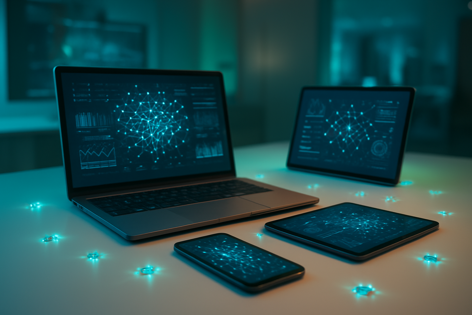 Create a realistic image of a modern tech workspace showing multiple connected devices including smartphones, tablets, and laptops displaying abstract data visualization patterns and neural network diagrams, with small glowing circuit board elements scattered on a clean white desk, soft blue and green LED accent lighting creating a futuristic atmosphere, subtle holographic-style data streams flowing between devices suggesting local processing, minimalist background with blurred tech office environment, professional lighting with gentle shadows, conveying innovation and security through warm yet high-tech ambiance, absolutely NO text should be in the scene.