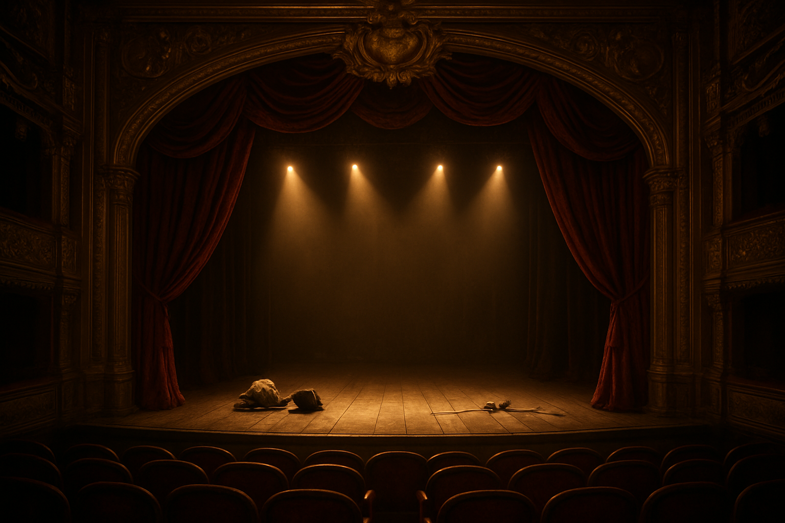 Create a realistic image of an ornate vintage theater stage with rich burgundy velvet curtains partially drawn, golden baroque decorations adorning the proscenium arch, warm amber stage lighting casting dramatic shadows, antique theater seats visible in the foreground showing red upholstery, a few scattered period props like feathered hats and rapiers on the stage floor, creating an atmosphere of classic French theatrical elegance and romance from the 17th century era, with soft spotlights highlighting the empty stage ready for a dramatic performance, absolutely NO text should be in the scene.