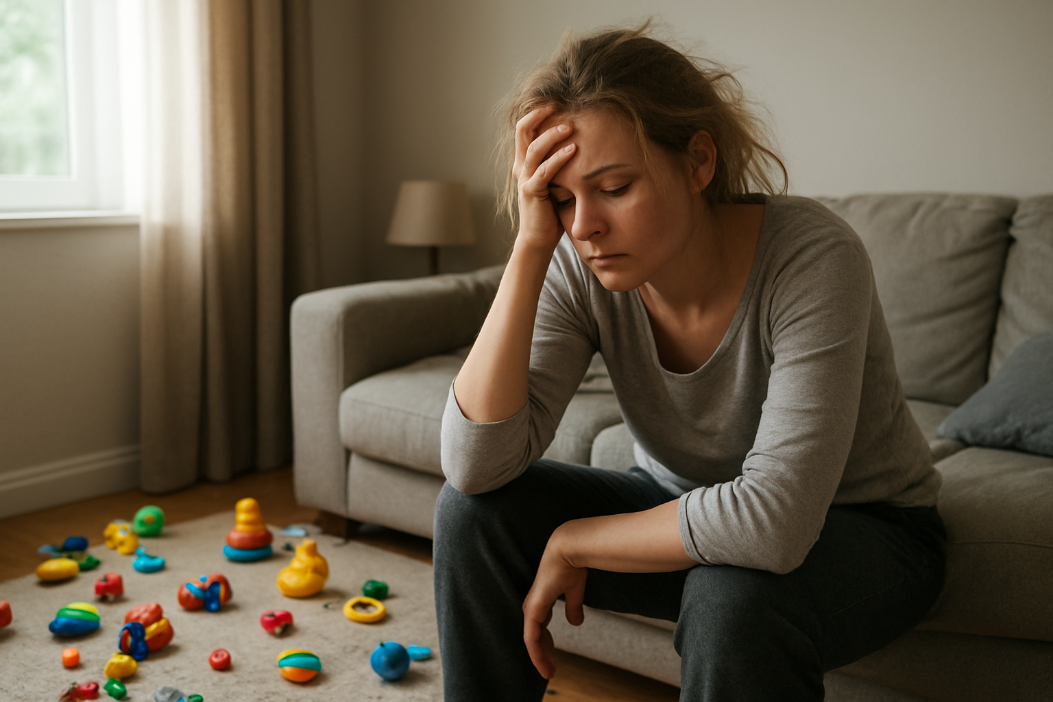 Create a realistic image of a tired white female mother in her 30s sitting on a couch with her hand on her forehead showing signs of exhaustion, with disheveled hair and wearing casual home clothes, surrounded by scattered children's toys on the floor, an unmade living room with soft natural lighting coming through a window, capturing a mood of overwhelming fatigue and stress, absolutely NO text should be in the scene.