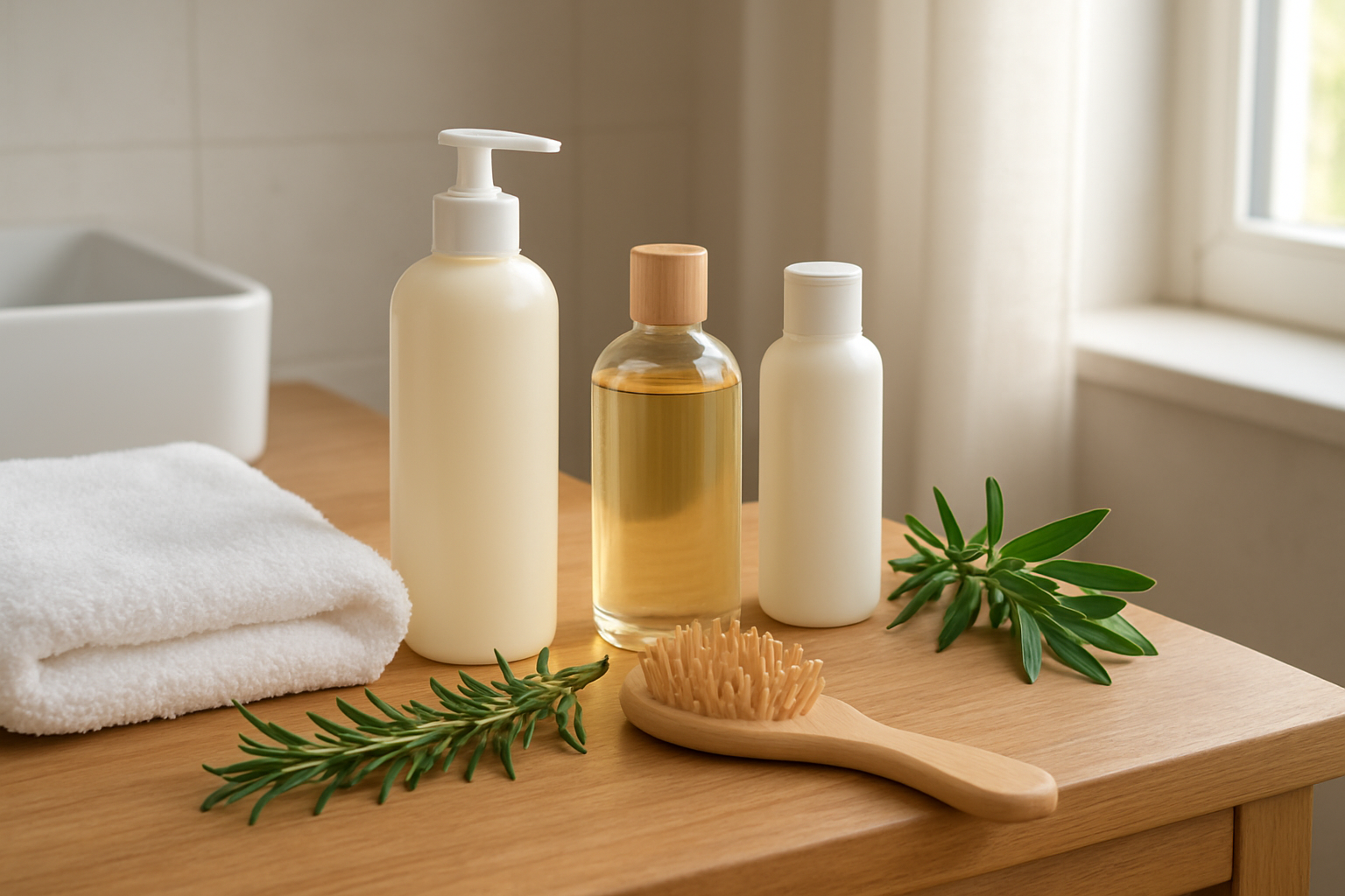 Create a realistic image of a peaceful bathroom or wellness setting with a clean wooden vanity displaying various hair care products including shampoo bottles, natural oil containers, and a soft brush, alongside fresh herbs like rosemary and tea tree leaves, with a white fluffy towel neatly folded nearby, soft natural lighting streaming through a window creating a calm and healing atmosphere, emphasizing cleanliness and natural wellness solutions, absolutely NO text should be in the scene.