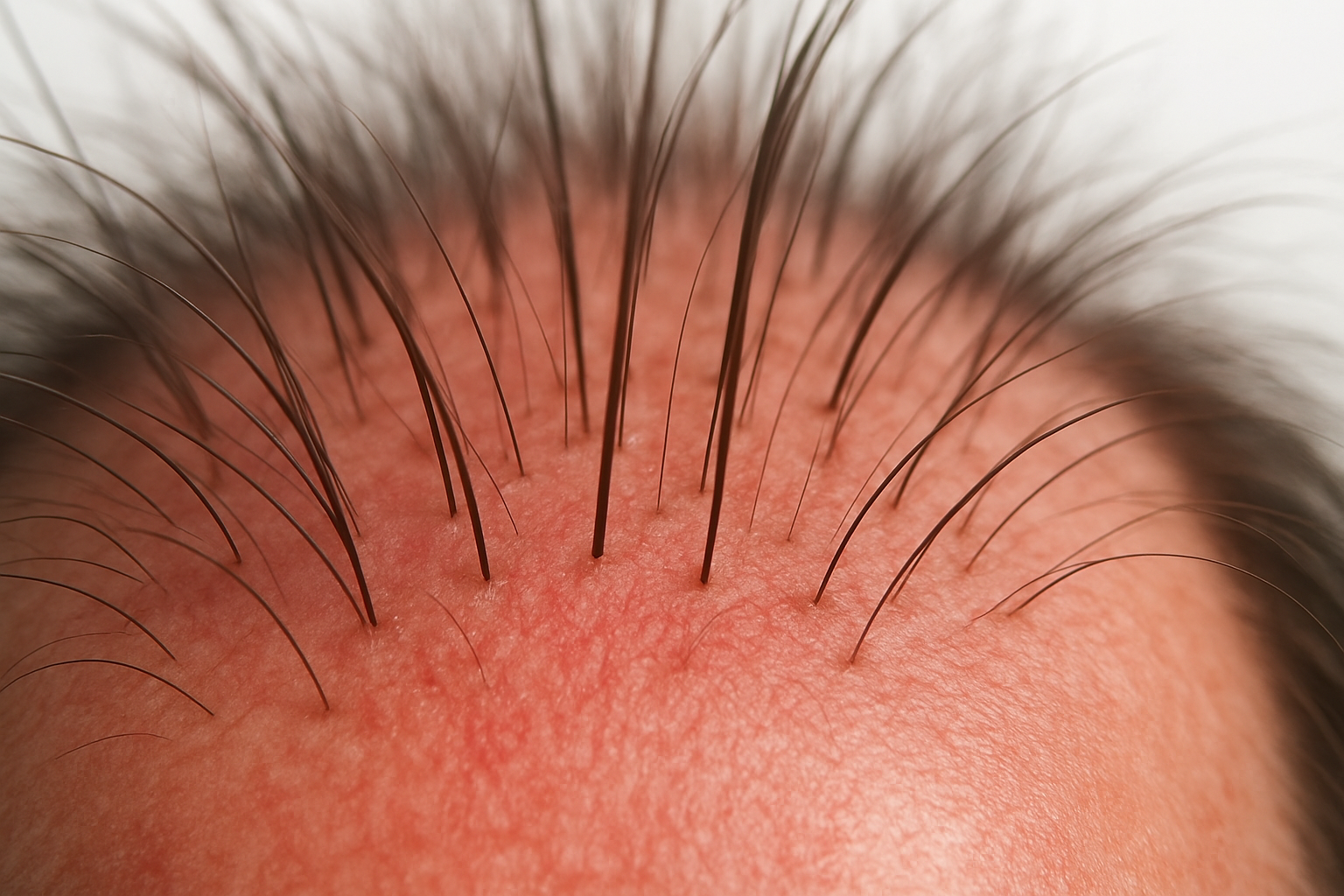 Create a realistic image of a close-up view of a healthy scalp with visible hair follicles, showing enhanced blood circulation through subtle reddish tones beneath the skin surface, with dark brown hair strands emerging from the follicles, set against a clean white background with soft, diffused lighting that highlights the scalp's healthy appearance and the natural shine of the hair, absolutely NO text should be in the scene.