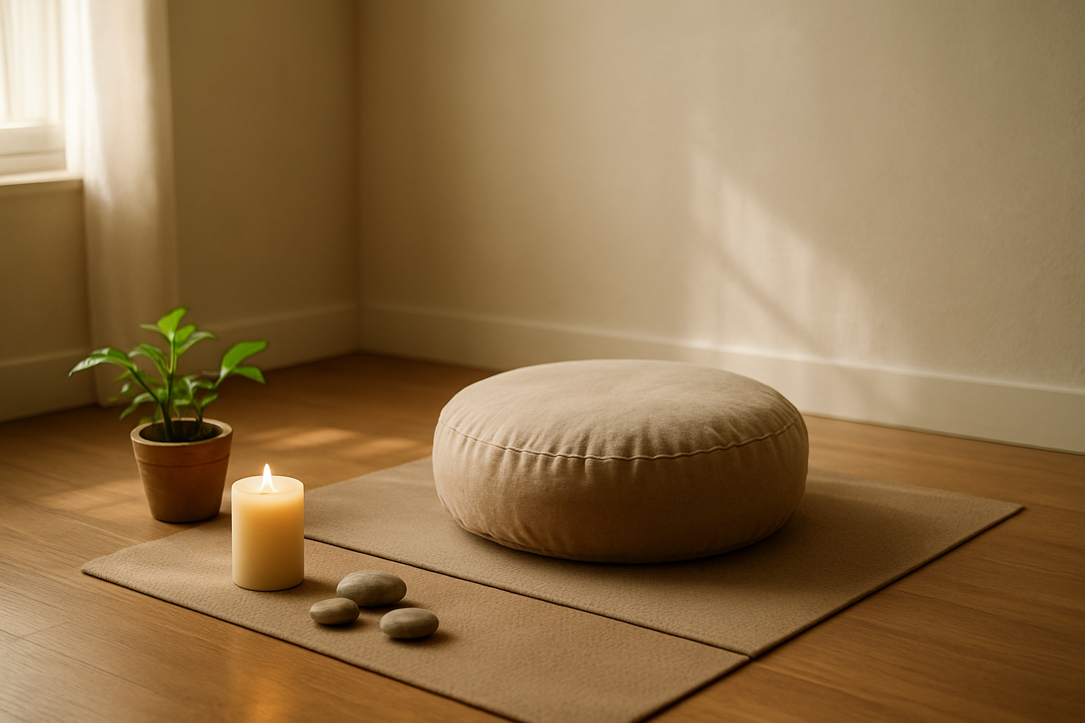 Create a realistic image of a peaceful indoor meditation space with a comfortable cushion or meditation pillow placed on a soft yoga mat, surrounded by calming elements like a small potted plant, a lit candle, and perhaps some smooth stones, set against a clean, minimalist background with warm, natural lighting streaming through a window, creating a serene and inviting atmosphere perfect for beginning meditation practice, absolutely NO text should be in the scene.