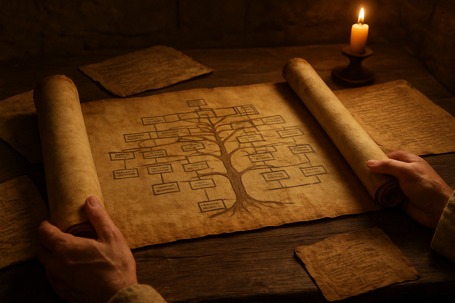Create a realistic image of an ancient Middle Eastern scroll partially unrolled on a weathered wooden table, displaying a genealogical tree with connected lines and names, surrounded by other aged biblical manuscripts and parchments, with a white male scholar's hands gently holding the edges of the main scroll, set in a dimly lit stone chamber with warm golden candlelight casting soft shadows, creating a reverent and scholarly atmosphere that emphasizes the historical significance of biblical lineage documentation, absolutely NO text should be in the scene.