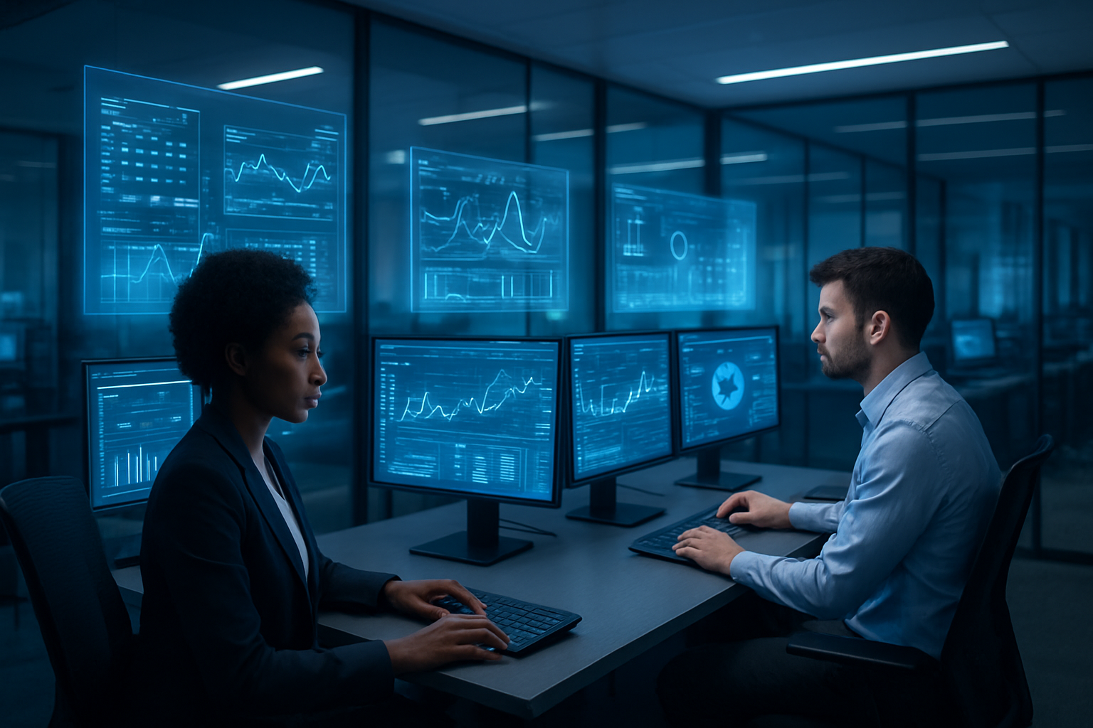 Create a realistic image of a modern financial compliance control room with multiple computer monitors displaying AI-powered regulatory dashboards, risk assessment charts, and automated compliance workflows, featuring a diverse team including a black female compliance officer and a white male data analyst working at sleek workstations with holographic data visualizations floating above their screens, set in a sophisticated glass-walled office environment with soft blue LED lighting and a clean corporate atmosphere conveying precision and technological advancement. Absolutely NO text should be in the scene.