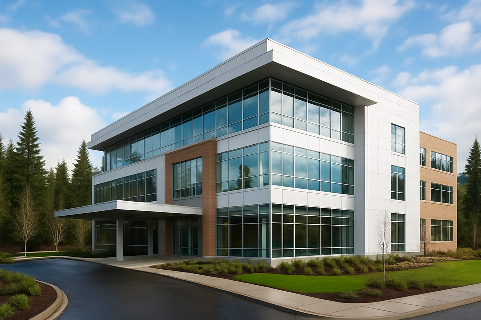Create a realistic image of a modern cancer treatment hospital building exterior in Seattle, Washington, featuring contemporary medical architecture with large glass windows, clean lines, and professional healthcare facility design, surrounded by the Pacific Northwest landscape with evergreen trees and mountains visible in the background, under natural daylight with partly cloudy skies typical of the Seattle area, conveying a sense of advanced medical care and hope, absolutely NO text should be in the scene.