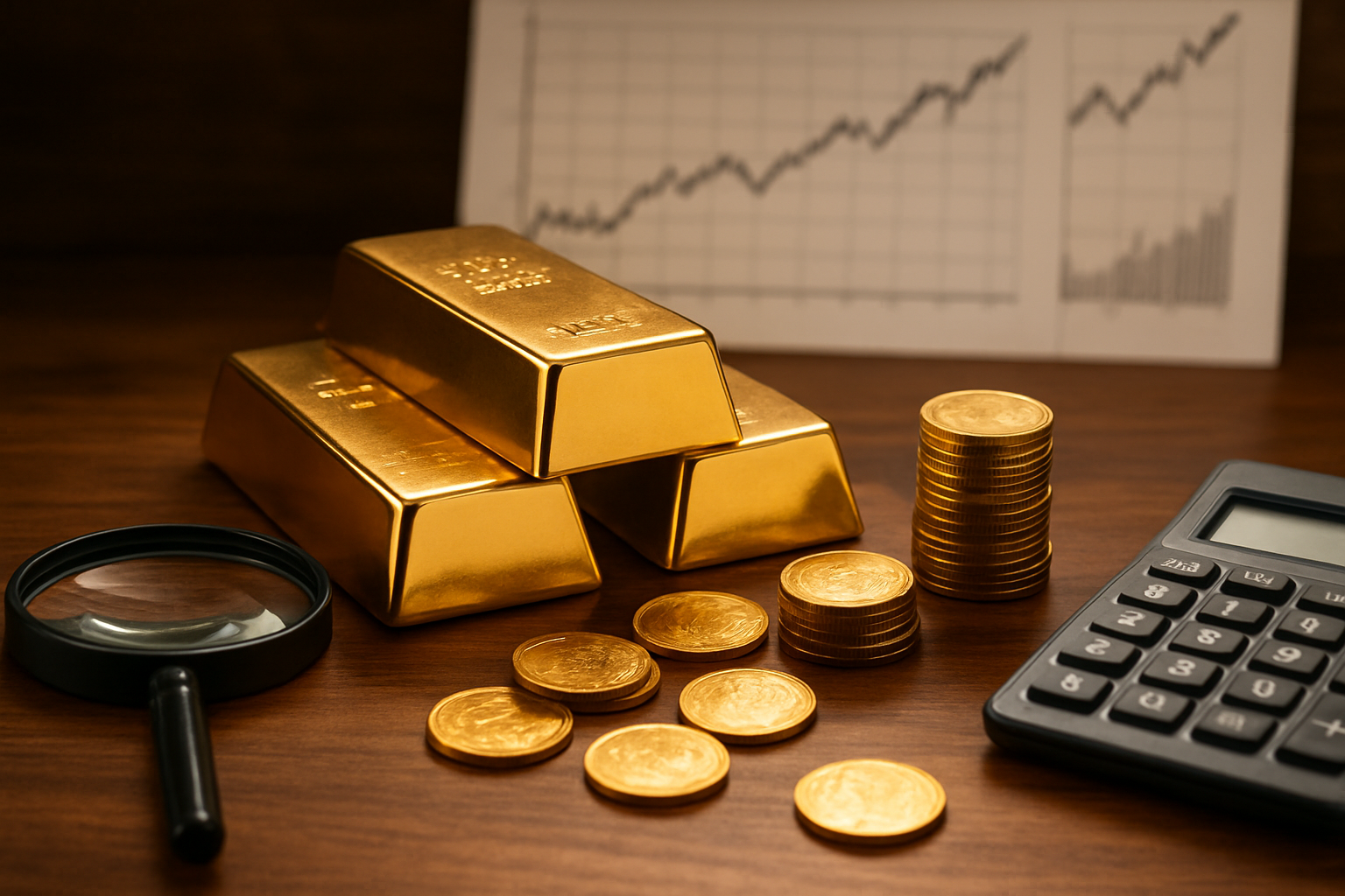 Create a realistic image of golden bullion bars and coins arranged on a polished wooden desk with a magnifying glass, calculator, and investment charts showing upward trends in the background, warm lighting highlighting the lustrous gold surfaces, conveying a sense of financial wisdom and profitable investment strategy, absolutely NO text should be in the scene.