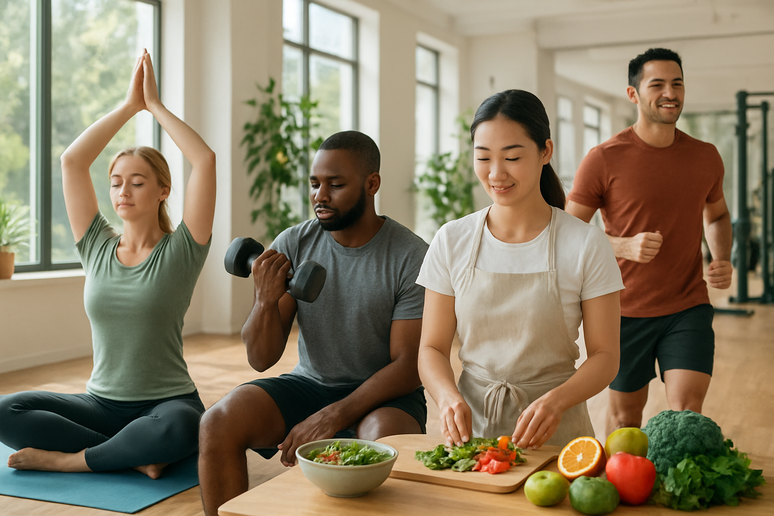 Create a realistic image of a diverse group of people engaged in various health and wellness activities including a white female doing yoga on a mat, a black male lifting weights, an Asian female preparing a colorful healthy meal with fresh vegetables and fruits, and a Hispanic male jogging outdoors, all within a bright modern wellness center with natural lighting streaming through large windows, wooden floors, plants in the background, and exercise equipment visible, conveying an atmosphere of vitality, transformation, and positive lifestyle changes, absolutely NO text should be in the scene.