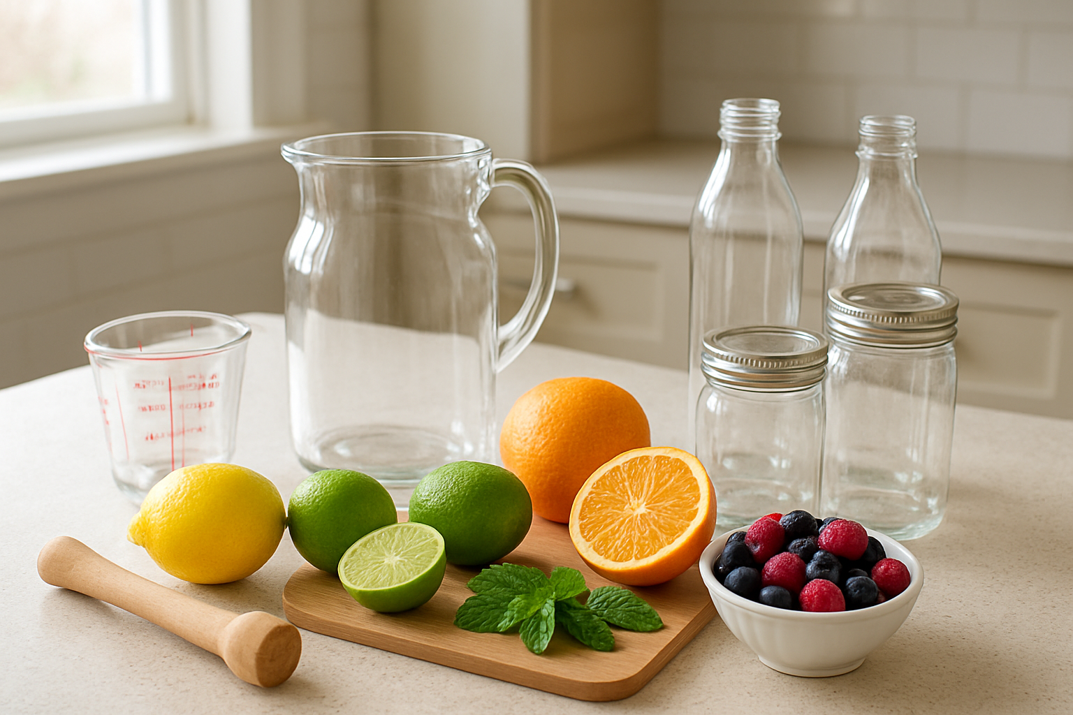 Create a realistic image of a clean kitchen countertop displaying essential ingredients and equipment for making refreshing drinks, featuring fresh fruits like lemons, limes, oranges, mint leaves, and berries arranged alongside a glass pitcher, measuring cups, a wooden muddler, a fine mesh strainer, glass bottles, and mason jars, with soft natural lighting streaming from a nearby window creating a bright and inviting atmosphere, shot from a slightly elevated angle to showcase all items clearly, with a neutral kitchen background featuring light colored cabinets, absolutely NO text should be in the scene.