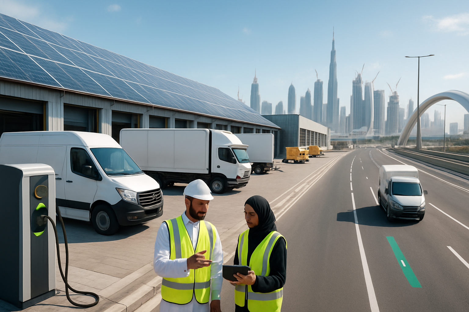 Create a realistic image of modern infrastructure development in the Gulf region showing electric vehicle charging stations integrated with a busy logistics hub, featuring solar panels on warehouse rooftops, electric delivery trucks being loaded at modern dock facilities, automated cargo handling equipment, sleek highways with electric vehicle lanes, and Middle Eastern male and female workers in safety gear coordinating operations, set against a backdrop of futuristic city skyline with cranes and construction, bright daylight with clear blue skies, conveying progress and technological advancement, absolutely NO text should be in the scene.