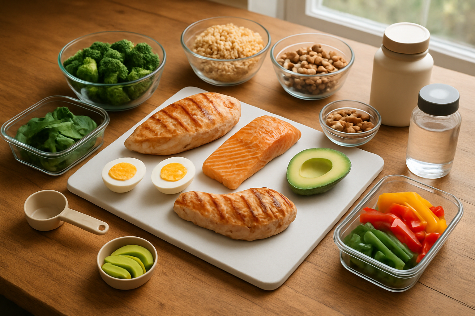 Create a realistic image of a wooden kitchen table with a carefully arranged meal prep layout featuring lean proteins like grilled chicken breast, salmon fillet, and hard-boiled eggs, complex carbohydrates including brown rice, quinoa, and sweet potatoes, healthy fats from avocado slices and mixed nuts, fresh colorful vegetables like broccoli, spinach, and bell peppers, protein powder containers, a water bottle, and measuring cups, all organized on a clean white cutting board with natural daylight streaming through a nearby window creating soft shadows, shot from a slightly elevated angle to showcase the strategic nutrition planning setup, absolutely NO text should be in the scene.