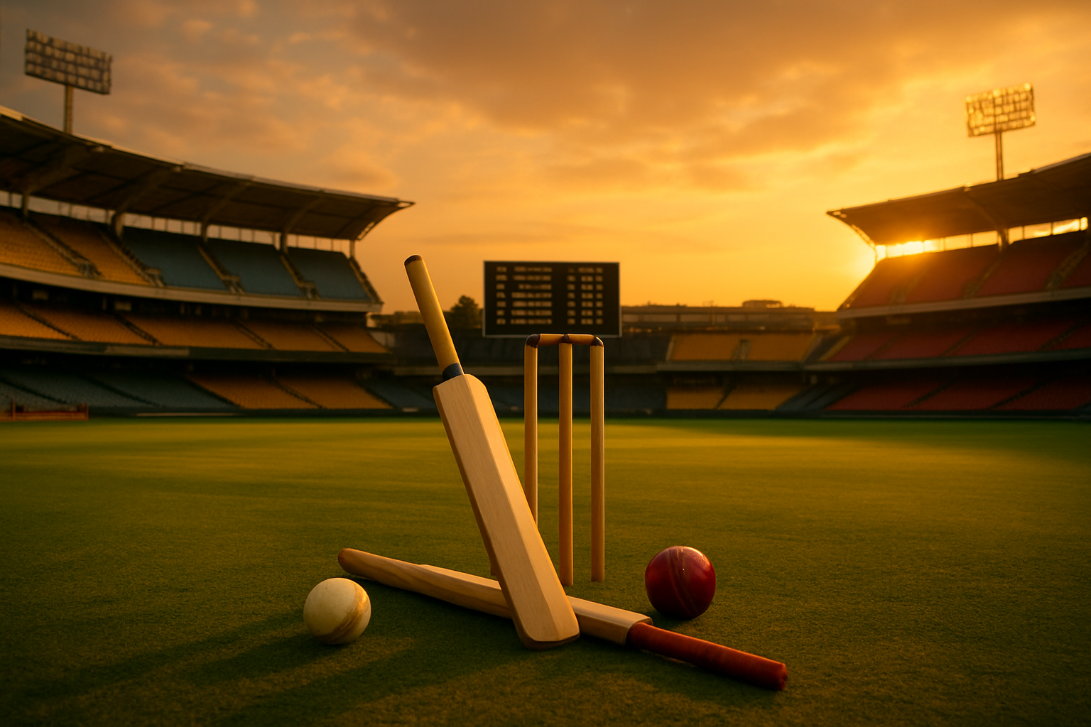Create a realistic image of a cricket stadium at sunset with warm golden lighting, featuring the iconic yellow and blue colors of Chennai Super Kings prominently displayed alongside the red and silver colors of Punjab Kings, with cricket equipment like bats, balls, and stumps arranged in the foreground, scoreboard visible in the background showing match statistics, empty stadium seats creating depth, and a peaceful concluding atmosphere with soft shadows cast across the well-maintained green cricket pitch, absolutely NO text should be in the scene.