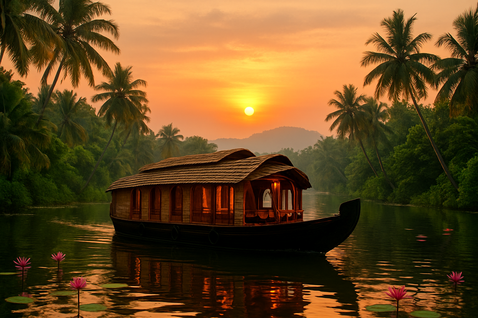 realistic image of a serene Kerala landscape featuring a traditional wooden houseboat gliding along the calm backwaters of Alleppey, surrounded by lush green palm trees and vibrant tropical vegetation, with a warm golden sunset casting a soft orange and pink glow across the tranquil water, reflecting the beauty of the destination, evoking a sense of peaceful conclusion and fulfillment of a perfect journey, with lotus flowers floating gently on the water's surface and a distant view of misty green hills adding depth to the scene. Absolutely NO text should be in the scene.