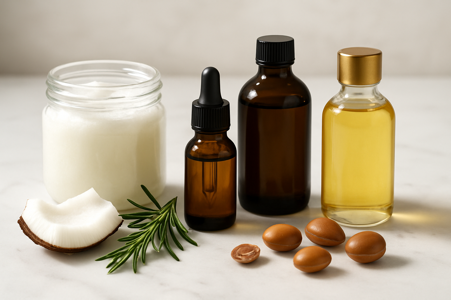 Create a realistic image of various natural oil bottles and containers arranged on a clean white marble surface, including coconut oil in a clear glass jar, rosemary essential oil in a small amber dropper bottle, castor oil in a dark glass bottle, and argan oil in a golden bottle, with fresh rosemary sprigs, coconut pieces, and argan nuts scattered around the bottles, soft natural lighting from above creating gentle shadows, clean and minimalist spa-like atmosphere with a blurred light background, Absolutely NO text should be in the scene.