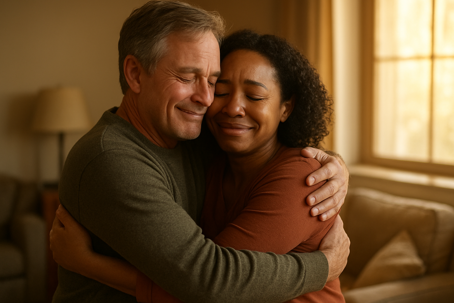 Create a realistic image of two people embracing in a warm hug showing forgiveness and reconciliation, featuring a middle-aged white male and a black female, both with peaceful expressions and tears of joy, set in a softly lit living room with warm golden lighting streaming through a window, comfortable furniture in the background, the scene conveying emotional healing and restored relationship, with gentle shadows and a serene atmosphere that emphasizes hope and redemption, absolutely NO text should be in the scene.