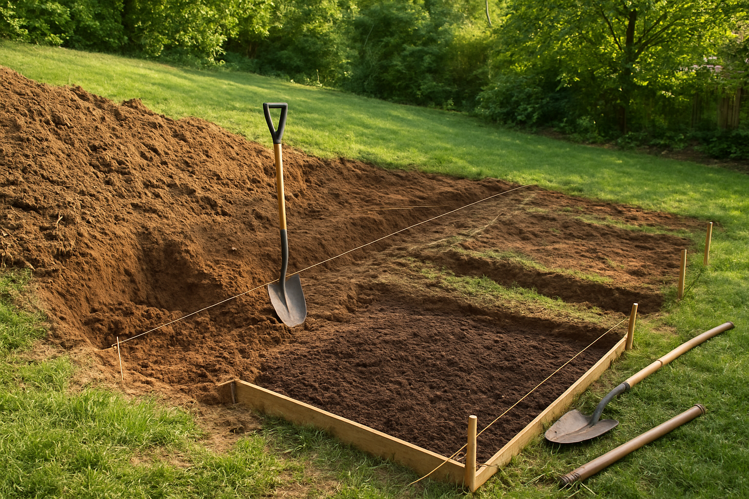 Create a realistic image of a sloped backyard terrain being prepared for raised garden beds using the cut and fill method, showing excavated soil from higher areas being moved to fill lower sections, with hand tools like shovels and a rake nearby, wooden stakes with string lines marking the level foundation areas, partially completed leveled sections of dark rich soil, natural outdoor lighting during daytime, green grass and trees in the background, demonstrating the process of creating flat building surfaces on uneven ground. Absolutely NO text should be in the scene.
