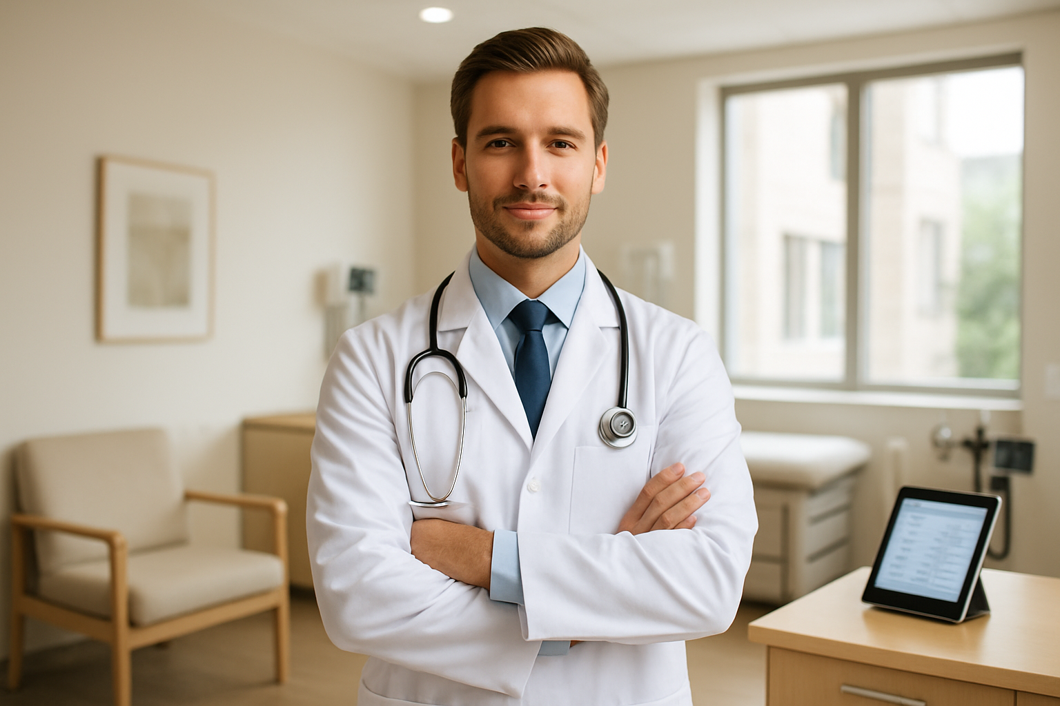 Create a realistic image of a confident white male doctor in a white coat and stethoscope standing in a modern, well-lit medical office with a warm and welcoming atmosphere, surrounded by contemporary medical equipment, comfortable seating area, digital tablet displaying patient information, and large windows letting in natural light, with the scene conveying professionalism, trust, and patient-centered care through clean design elements and approachable lighting, absolutely NO text should be in the scene.