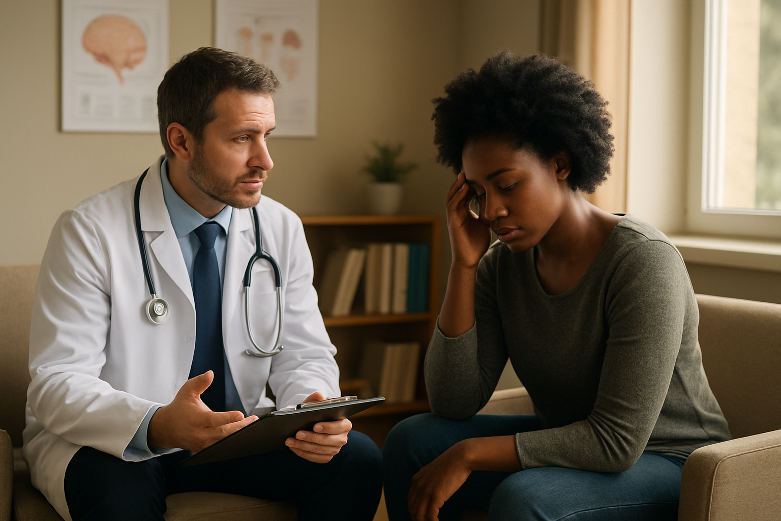 Create a realistic image of a diverse group of people including a white male doctor in a white coat holding a clipboard, sitting across from a black female patient who appears tired and anxious, in a modern medical consultation room with soft natural lighting from a window, medical charts and educational materials about addiction treatment visible on the walls, comfortable seating arrangement suggesting a supportive therapeutic environment, calm and professional atmosphere with warm earth tones, absolutely NO text should be in the scene.