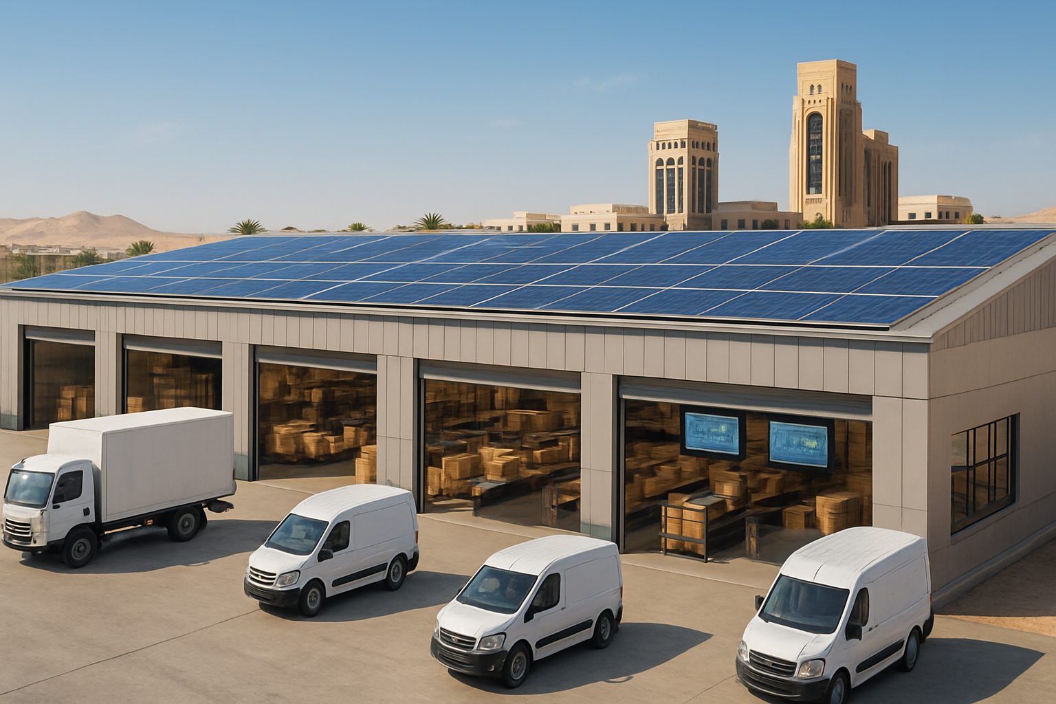 Create a realistic image of a modern logistics warehouse in a Gulf country with delivery trucks and vans parked outside, featuring cost-saving elements like solar panels on the roof, efficient packaging systems, and digital route optimization screens visible through windows, set against a desert landscape with modern Middle Eastern architecture in the background, bright daylight with clear blue skies, showing streamlined operations and sustainable technology integration, absolutely NO text should be in the scene.