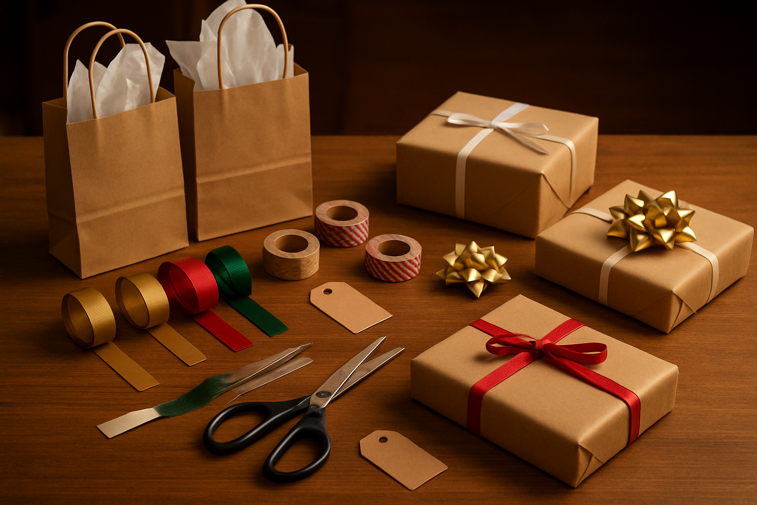 Create a realistic image of a neatly organized gift wrapping station on a wooden table featuring various time-saving wrapping supplies including pre-cut ribbon pieces, gift bags with tissue paper, decorative washi tape rolls, stick-on bows, gift tags, scissors, and partially wrapped presents showing efficient wrapping techniques, with warm ambient lighting creating a cozy holiday atmosphere, shot from a slightly elevated angle to showcase the organized layout of shortcuts and tools, absolutely NO text should be in the scene.