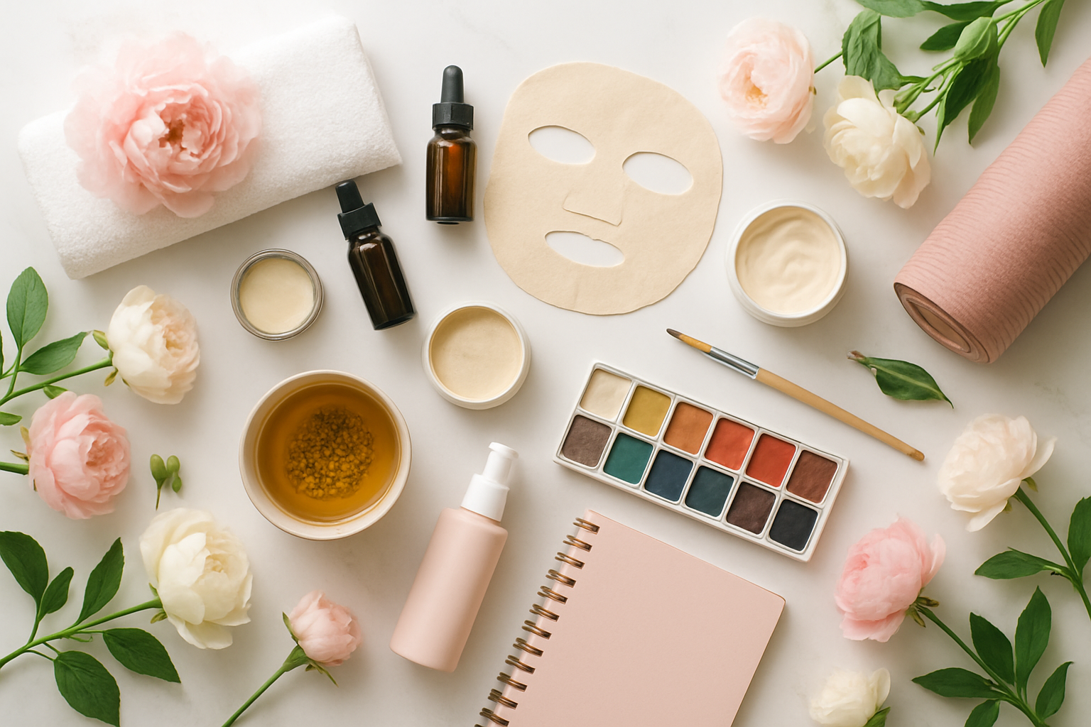 Create a realistic image of an elegant flat lay arrangement featuring Mother's Day self-care gifts including spa items like essential oil bottles, face masks, a soft white towel, beauty products, wellness items like herbal tea and a yoga mat corner, creative supplies like watercolor paints and brushes, and convenience items like a planner, all artfully arranged on a clean white marble surface with soft natural lighting from above, surrounded by fresh pink and white flowers like peonies and roses, creating a warm and nurturing atmosphere that conveys love and appreciation, absolutely NO text should be in the scene.
