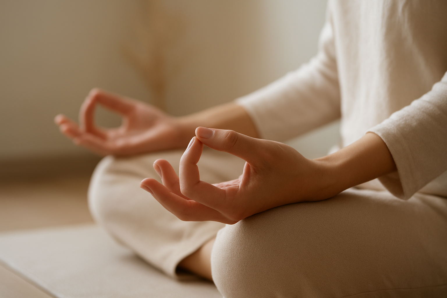 Create a realistic image of a peaceful close-up scene showing gentle hands positioned in a meditative mudra gesture with soft natural lighting, surrounded by subtle elements like a cushion or yoga mat, with soft focus background in neutral tones, capturing the essence of breathing and focusing techniques in a serene indoor meditation space, Absolutely NO text should be in the scene.