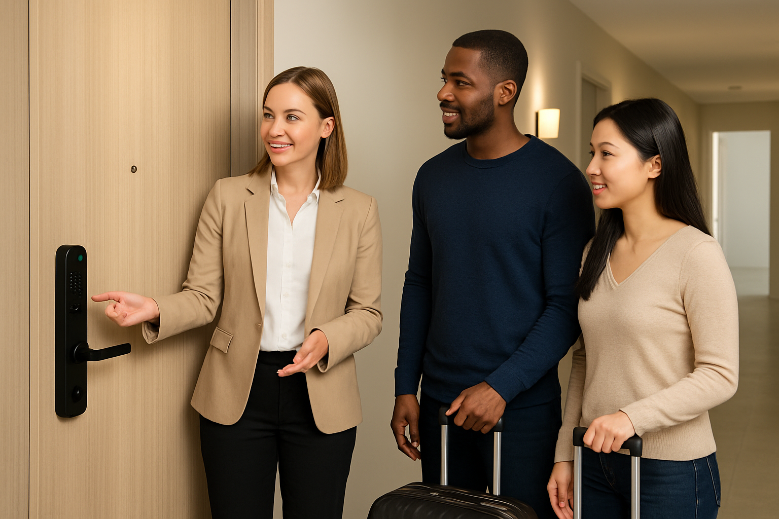 Create a realistic image of a modern apartment entrance door featuring a sleek black WiFi-enabled smart lock with a digital keypad and LED indicator lights, with a white female property manager in business casual attire demonstrating the lock to a diverse group of rental guests including a black male and Asian female standing nearby with luggage, set against a well-lit contemporary hallway with neutral colored walls and modern lighting fixtures, conveying a professional and secure atmosphere, absolutely NO text should be in the scene.