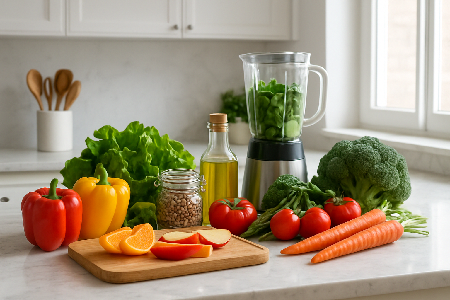 Create a realistic image of a bright, modern kitchen counter featuring fresh vegetables like colorful bell peppers, leafy greens, tomatoes, and carrots arranged alongside healthy cooking utensils, a wooden cutting board with sliced fruits, glass jars filled with nuts and seeds, a blender with green smoothie ingredients, and natural lighting streaming through a window, creating a clean and organized health-focused cooking space with white cabinets and marble countertops in the background, absolutely NO text should be in the scene.