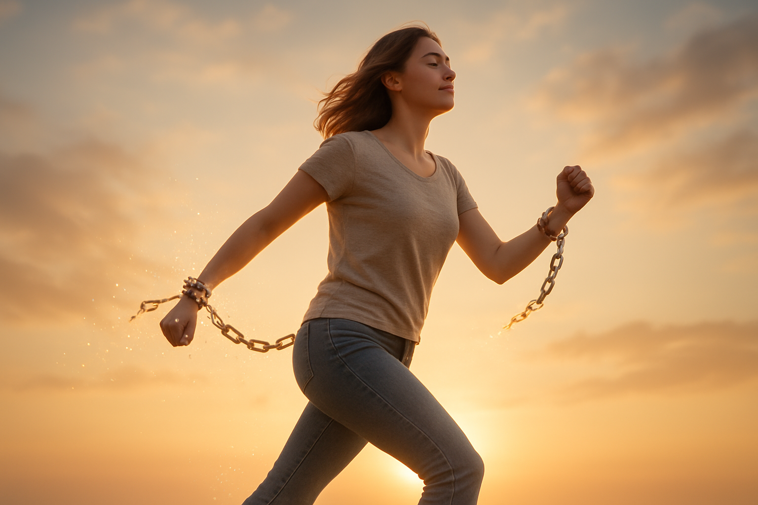 Create a realistic image of a young white female breaking free from invisible chains around her wrists and ankles, with the chains dissolving into golden light particles as she steps forward with confidence, set against a soft dawn sky background with warm sunlight streaming through, creating an uplifting and liberating atmosphere that symbolizes mental freedom and release from seeking others' approval, absolutely NO text should be in the scene.