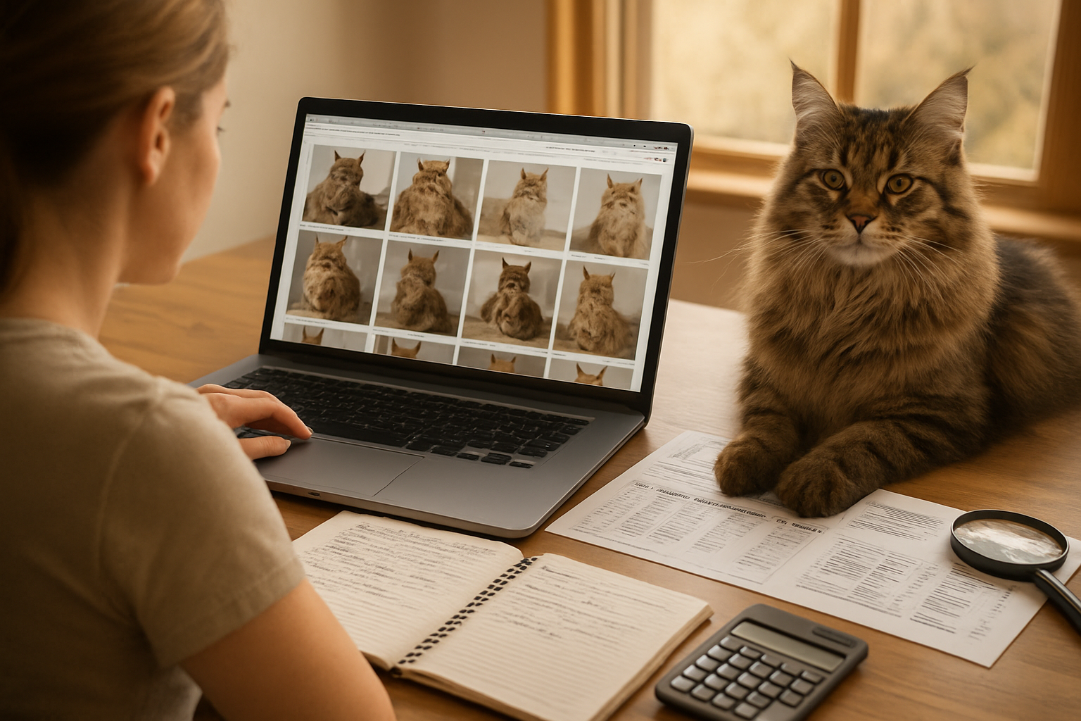 Create a realistic image of a white female person sitting at a modern laptop computer with multiple browser tabs open showing Maine Coon cat listings, surrounded by printed comparison charts and price guides on a wooden desk, with a notebook containing handwritten notes about cat prices, a calculator, and a magnifying glass nearby, featuring warm natural lighting from a window, conveying a focused research atmosphere for smart pet shopping, with a beautiful Maine Coon cat sitting peacefully beside the desk looking at the camera, absolutely NO text should be in the scene.