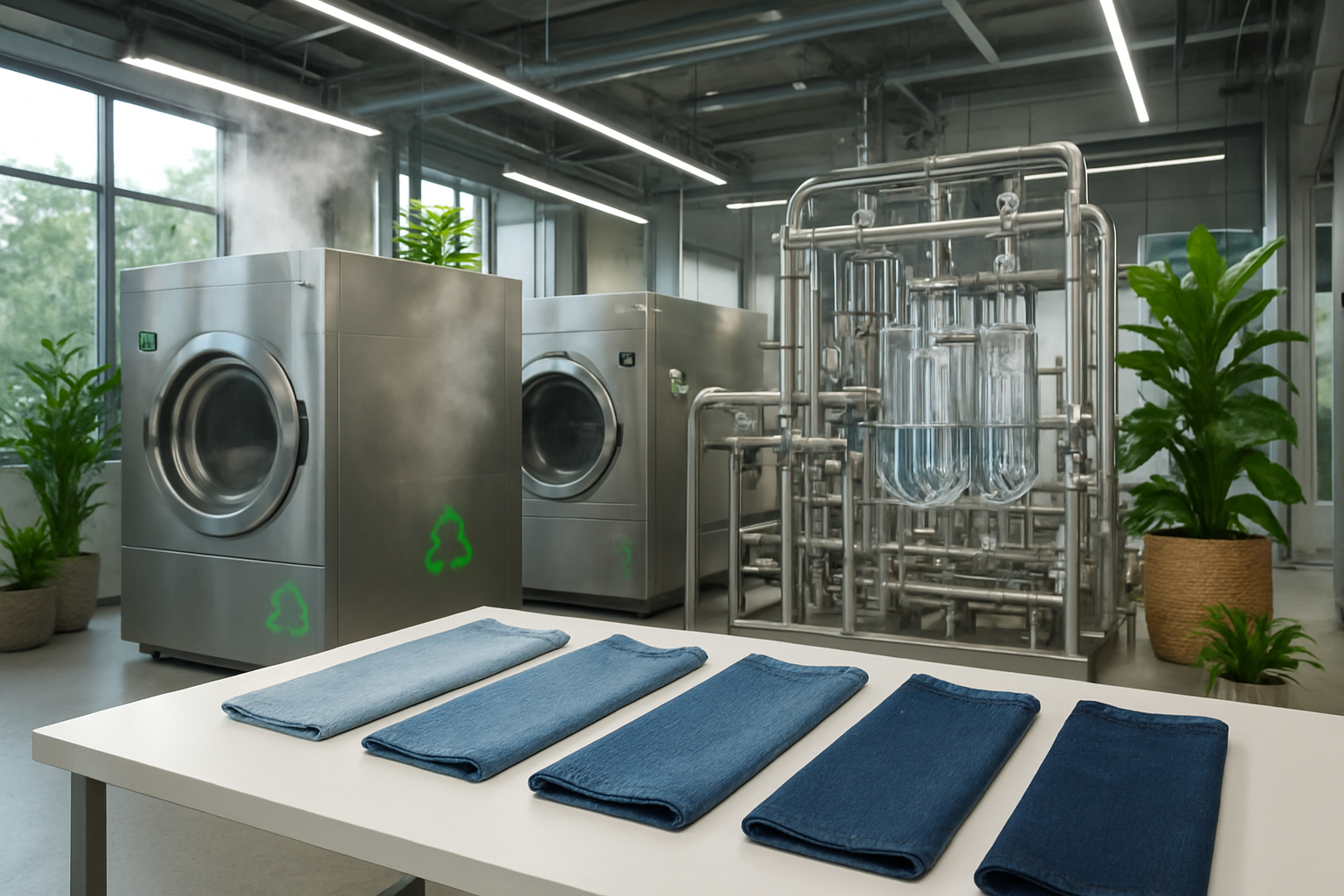 Create a realistic image of a modern textile manufacturing facility showcasing eco-friendly denim washing processes, featuring large stainless steel washing machines with green energy indicators, recycled water filtration systems with clear pipes showing clean water circulation, organic cotton denim fabric samples in various sustainable wash tones from light blue to deep indigo arranged on a clean white laboratory table, LED lighting creating a bright professional atmosphere, potted plants and natural elements integrated throughout the industrial space to emphasize environmental consciousness, steam rising from eco-friendly washing equipment, and recycling symbols visible on machinery, all set against a backdrop of floor-to-ceiling windows showing natural daylight, absolutely NO text should be in the scene.