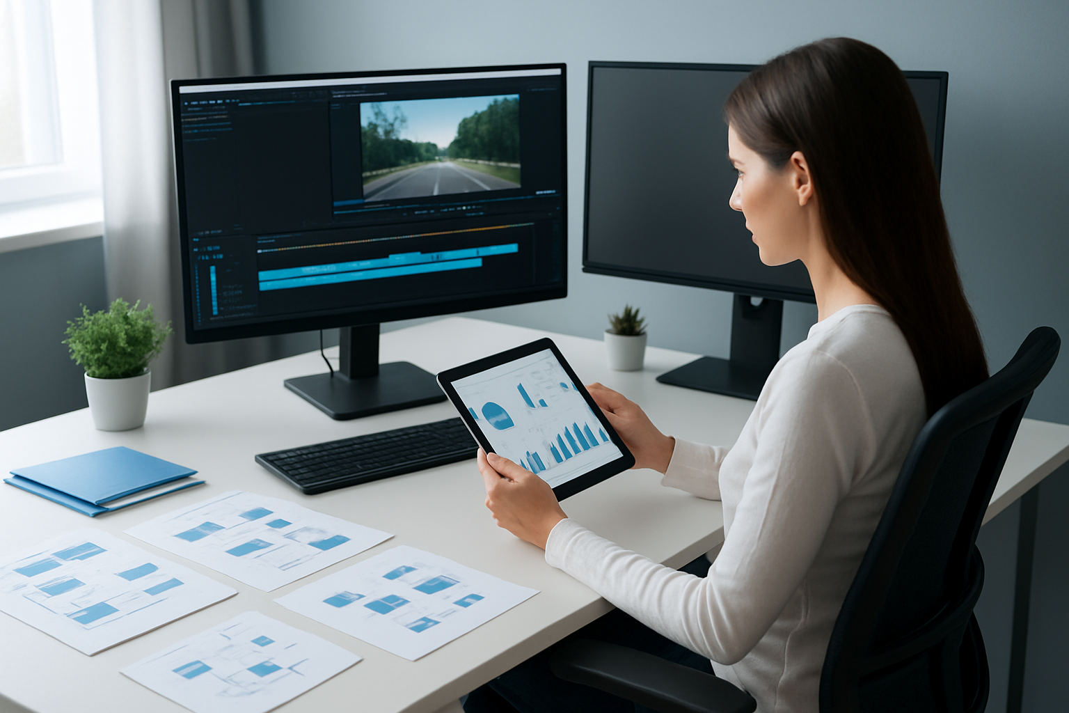 Create a realistic image of a modern workspace with a large computer monitor displaying a streamlined video editing interface with timeline and preview panels, multiple organized folders and workflow charts spread across a clean white desk, a white female content creator sitting at the desk analyzing productivity metrics on a tablet, ergonomic office chair, dual monitor setup, organized cable management, small potted plants, natural lighting from a nearby window, professional and efficient atmosphere with blue and white color scheme, absolutely NO text should be in the scene.