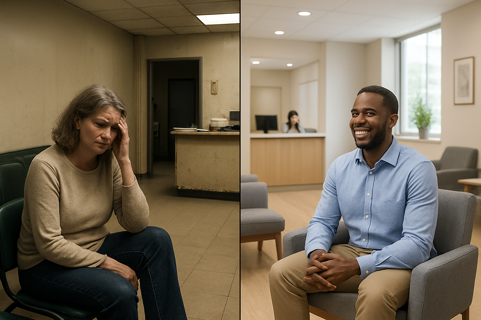 Create a realistic image of a split scene showing two contrasting patient experiences in a medical practice: on the left side, a frustrated middle-aged white female patient sitting alone in an outdated waiting room with uncomfortable chairs, poor lighting, and a disorganized reception area; on the right side, a satisfied black male patient in a modern, welcoming medical office with comfortable seating, bright natural lighting, and a warm, professional atmosphere, with the contrast clearly highlighting the gap between poor and excellent patient experience. Absolutely NO text should be in the scene.