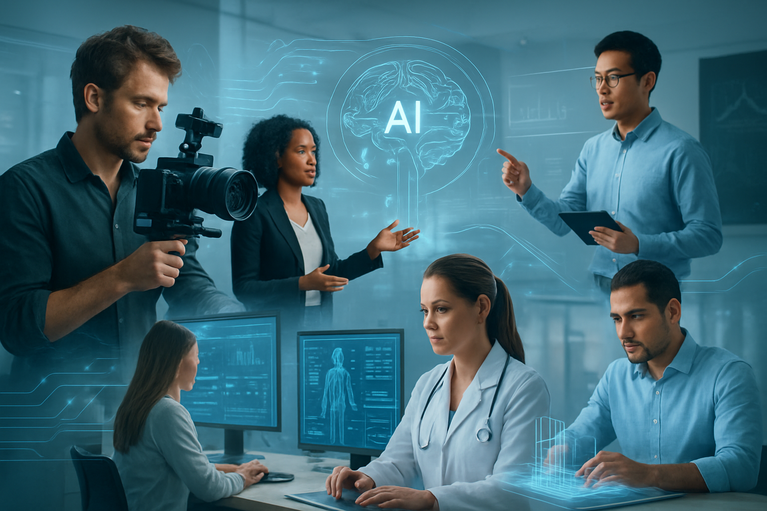 Create a realistic image of a dynamic collage-style composition showcasing diverse industries using AI video technology, featuring a white male filmmaker with a camera in the entertainment sector, a black female marketer presenting to clients in a modern office, an Asian male educator teaching with digital displays in a classroom, a white female healthcare professional reviewing patient data on screens, and a Hispanic male architect designing with holographic projections, all connected by flowing digital elements and AI interface graphics, set against a sleek modern background with soft professional lighting that emphasizes innovation and creativity across sectors, absolutely NO text should be in the scene.