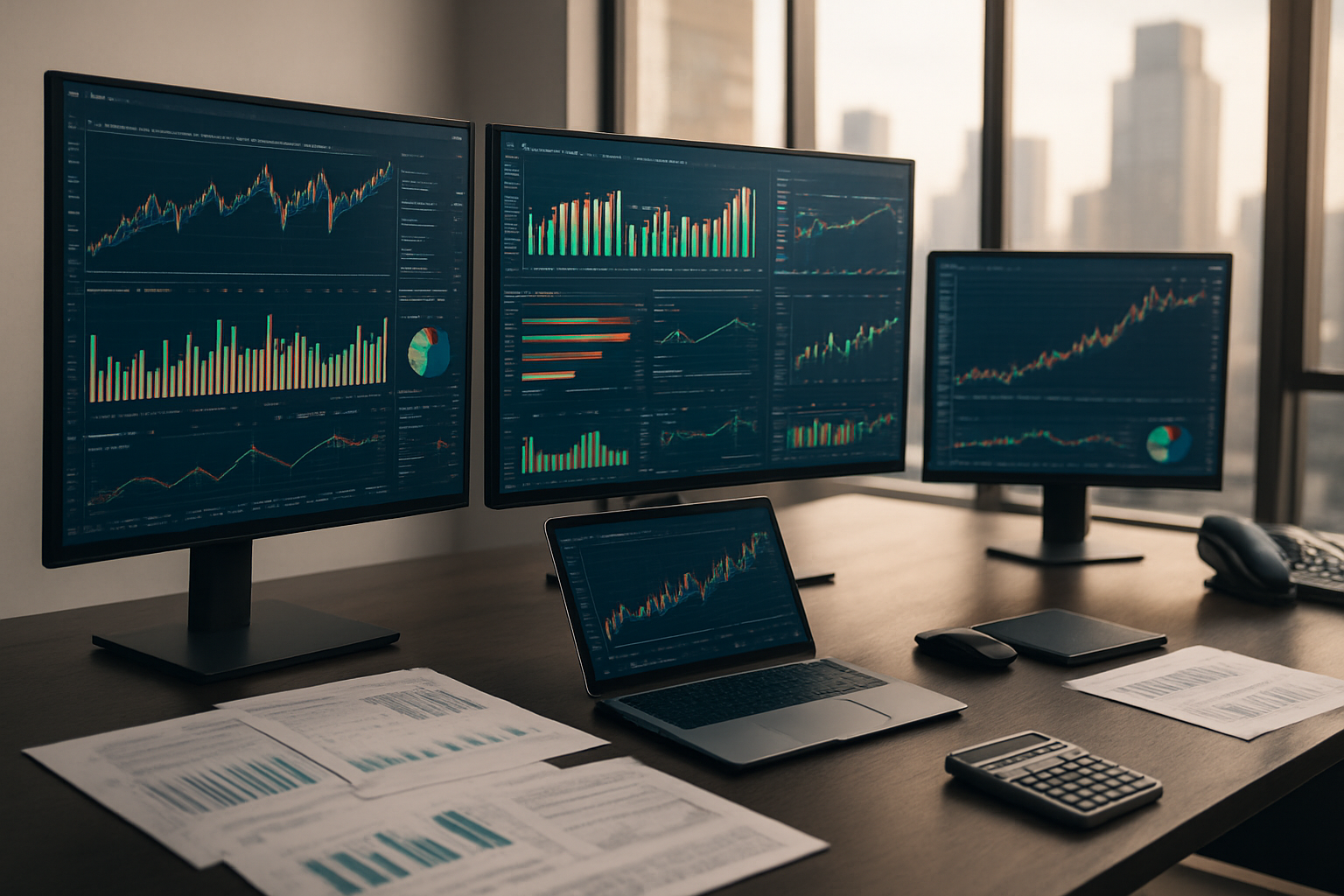 Create a realistic image of a modern financial professional's workspace featuring multiple computer monitors displaying sophisticated risk management dashboards with colorful charts, graphs, and analytical tools, a sleek black desk with a high-end laptop, financial documents spread across the surface, a calculator, and professional trading equipment, set in a contemporary office environment with large windows showing a city skyline, warm natural lighting creating a focused and professional atmosphere, absolutely NO text should be in the scene.