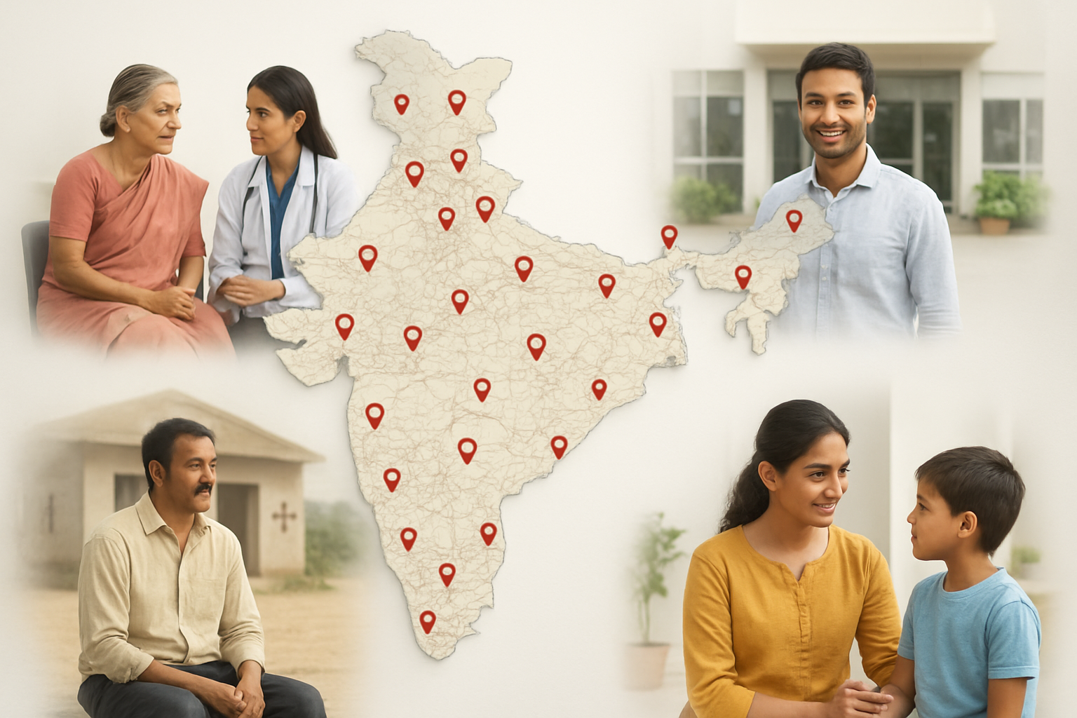 Create a realistic image of a map of India with multiple pin markers scattered across different states and cities, showing the widespread coverage of skin clinic chains, with roads and transportation routes connecting various locations, set against a clean white background with soft natural lighting, featuring diverse Indian people of different ages and genders accessing modern medical facilities in both urban and rural settings, with a focus on accessibility and geographic reach across the subcontinent, absolutely NO text should be in the scene.