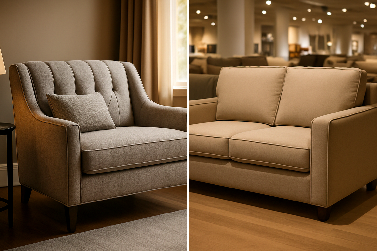 Create a realistic image of a split-screen comparison showing on the left side a luxurious custom-made sofa with high-quality fabric, detailed stitching, and personalized design elements in a modern living room, and on the right side a standard ready-made sofa with basic design and generic appearance in a showroom setting, with warm lighting highlighting the superior craftsmanship and materials of the custom sofa versus the ordinary look of the ready-made furniture, emphasizing the quality difference between local custom tailoring and mass-produced furniture, absolutely NO text should be in the scene.