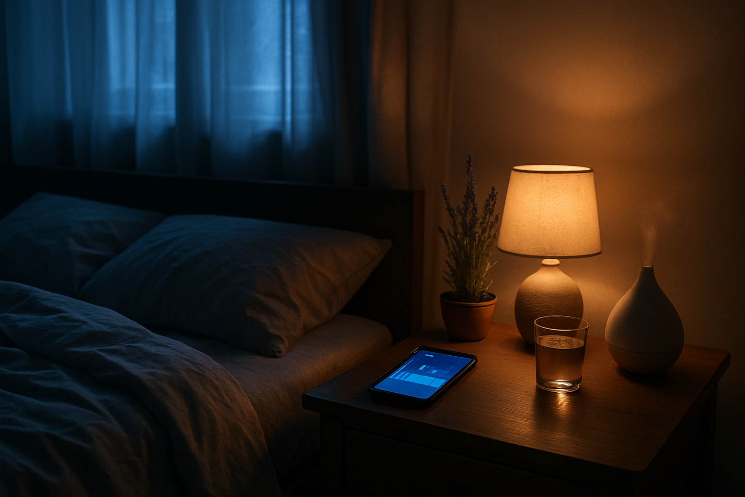 Create a realistic image of a peaceful bedroom scene at night with soft moonlight filtering through curtains, featuring a bedside table with a modern sleep tracking device or smartphone displaying sleep data graphs, a comfortable bed with rumpled sheets suggesting recent sleep, a glass of water, and subtle elements like a lavender plant or essential oil diffuser creating a calming atmosphere, with warm ambient lighting from a small bedside lamp, absolutely NO text should be in the scene.