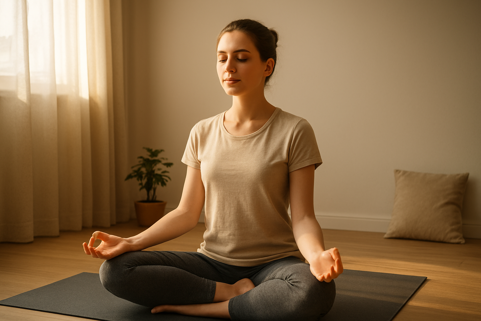 Create a realistic image of a peaceful meditation scene showing a white female beginner sitting cross-legged on a yoga mat in a simple, clean room with soft natural lighting filtering through a window, surrounded by minimal elements like a small potted plant and cushion, with her eyes gently closed and hands resting on her knees in a relaxed posture, conveying the essence of understanding meditation as a simple, accessible practice for anyone starting their journey, with warm golden hour lighting creating a serene and welcoming atmosphere, absolutely NO text should be in the scene.