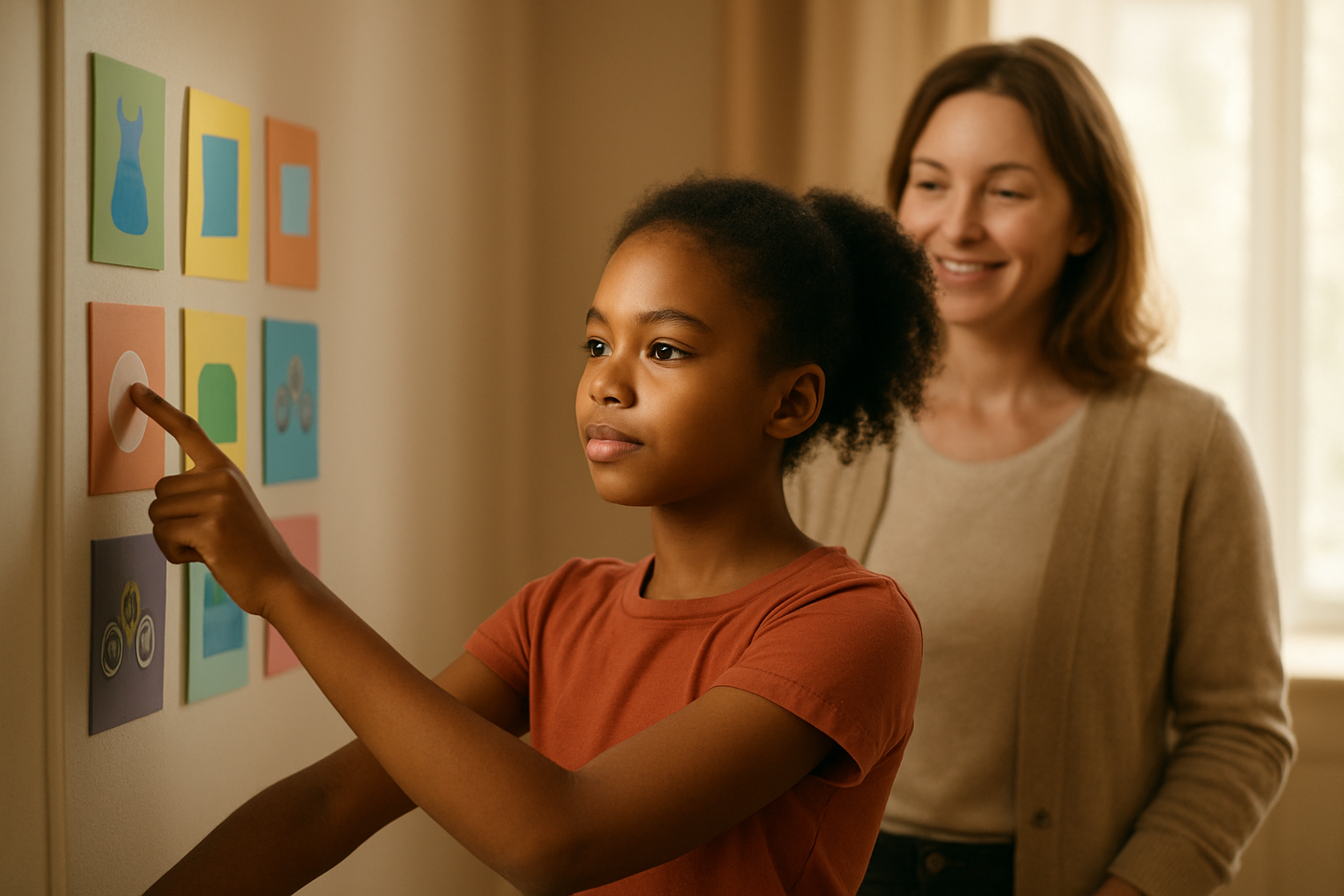 Create a realistic image of a young black girl around 10-12 years old standing confidently in front of a wall display with multiple colorful options like clothes, books, or activity choices, reaching toward one item with a determined expression while a supportive white female adult stands slightly behind her with an encouraging smile, warm natural lighting streaming through a window, cozy indoor setting with soft focus background, conveying empowerment and guided independence, absolutely NO text should be in the scene.