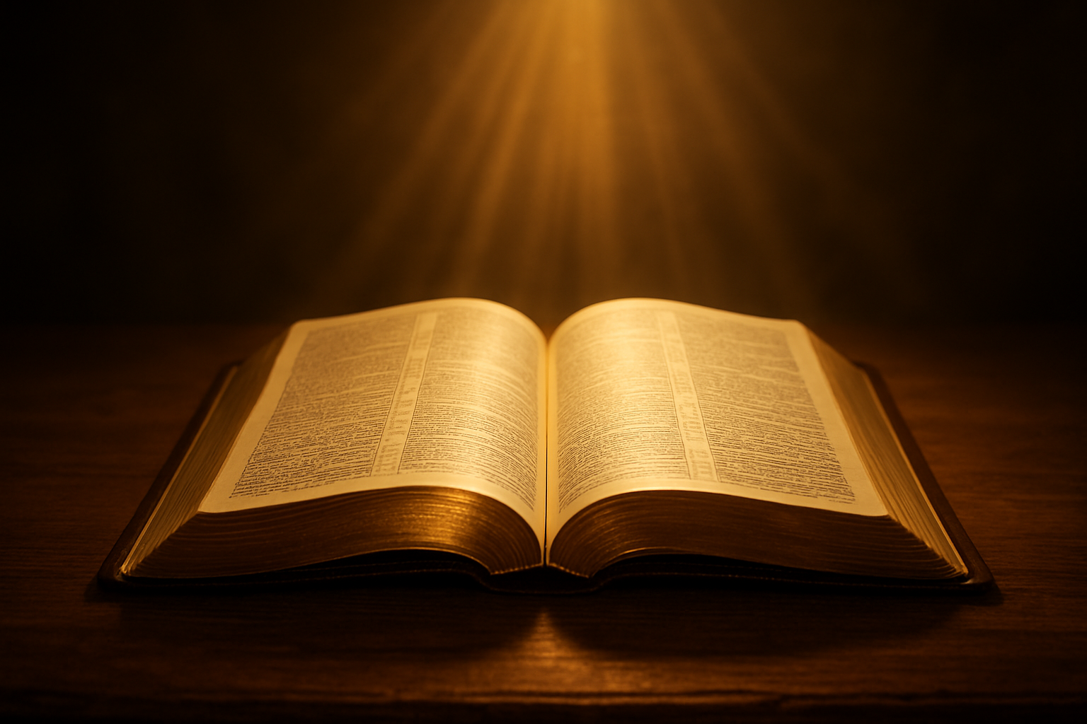 Create a realistic image of an open Bible with golden pages gently illuminated by warm, soft light from above, showing the book of 1 John with visible verses, surrounded by subtle rays of divine light emanating from the pages, placed on a wooden table with a peaceful, serene atmosphere, featuring warm golden and amber lighting that creates a sense of divine presence and spiritual foundation, with the background softly blurred to focus attention on the sacred text, Absolutely NO text should be in the scene.