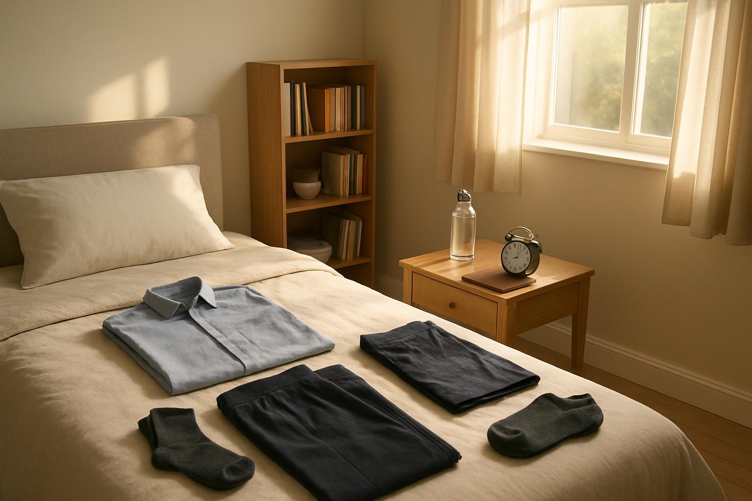 Create a realistic image of a well-organized bedroom or home office space designed for morning success, featuring a neatly made bed with clothes laid out for the next day, a bedside table with a water bottle, journal, and alarm clock, workout clothes folded nearby, a bookshelf with motivational books, and natural morning sunlight streaming through a window, creating a calm and purposeful atmosphere that encourages positive daily habits, absolutely NO text should be in the scene.