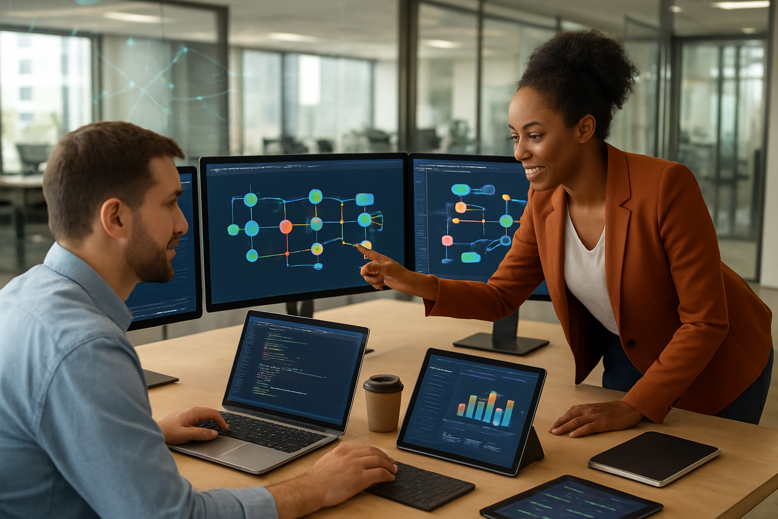 Create a realistic image of a modern office workspace showing multiple computer screens displaying colorful workflow diagrams with connected nodes and automation pathways, a diverse team of professionals including a white male developer and a black female team lead collaborating around the screens, laptops open with coding interfaces, digital tablets showing dashboard analytics, interconnected network visualization elements floating subtly in the background, bright natural lighting from large windows, clean contemporary office environment with glass conference rooms visible in the background, productivity tools and coffee cups on the desk, conveying innovation and successful team collaboration, warm professional atmosphere suggesting completion and achievement. Absolutely NO text should be in the scene.