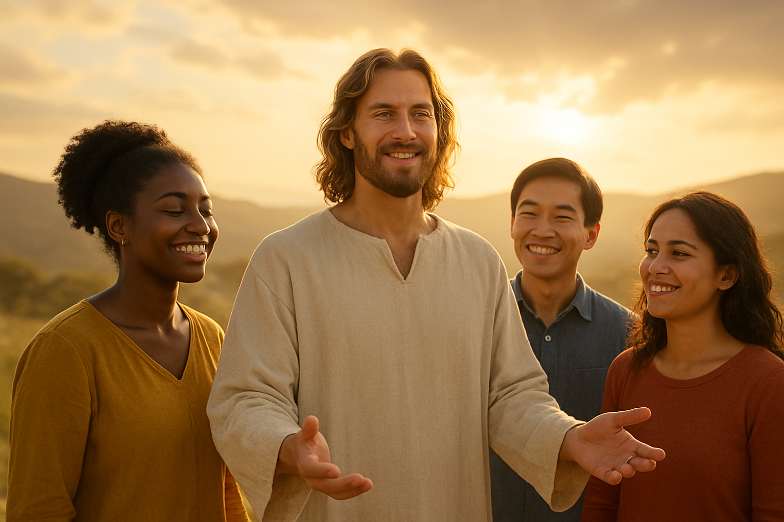 Create a realistic image of a diverse group of people of different races and genders standing together in a warm, sunlit outdoor setting with rolling hills and soft clouds in the background, where a white male in simple robes stands at the center with arms gently outstretched in a welcoming gesture, surrounded by people including a black female, an Asian male, and a Hispanic female, all with peaceful, joyful expressions looking toward the central figure, with golden hour lighting casting a warm glow over the entire scene, symbolizing unity, understanding, and spiritual connection, with soft rays of sunlight filtering through the clouds above, creating an atmosphere of hope, peace, and divine presence, absolutely NO text should be in the scene.