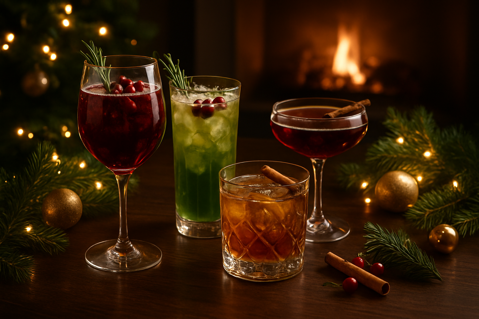 Create a realistic image of elegant modern Christmas cocktails and beverages artfully arranged on a sophisticated dark wooden table, featuring contemporary glassware with festive drinks in rich red, green, and golden hues, garnished with fresh cranberries, rosemary sprigs, cinnamon sticks, and orange peels, surrounded by subtle Christmas decorations like pine branches, warm golden fairy lights, and metallic ornaments, with a cozy fireplace glowing softly in the blurred background creating warm ambient lighting, shot from a slightly elevated angle to showcase the beautiful presentation of the holiday beverages, absolutely NO text should be in the scene.