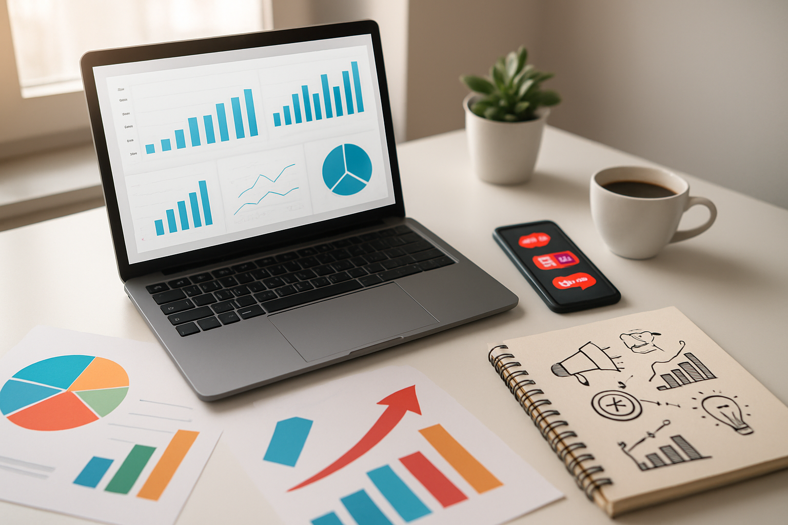 Create a realistic image of a modern workspace setup showing online business and marketing tools, featuring a sleek laptop displaying analytics dashboard graphs, a smartphone with social media notifications, digital marketing materials like colorful charts and growth arrows scattered on a clean white desk, a coffee cup, notebook with marketing sketches, and small potted plant, with soft natural lighting from a nearby window creating a productive and entrepreneurial atmosphere, warm and inviting mood suggesting financial growth and digital opportunities, absolutely NO text should be in the scene.